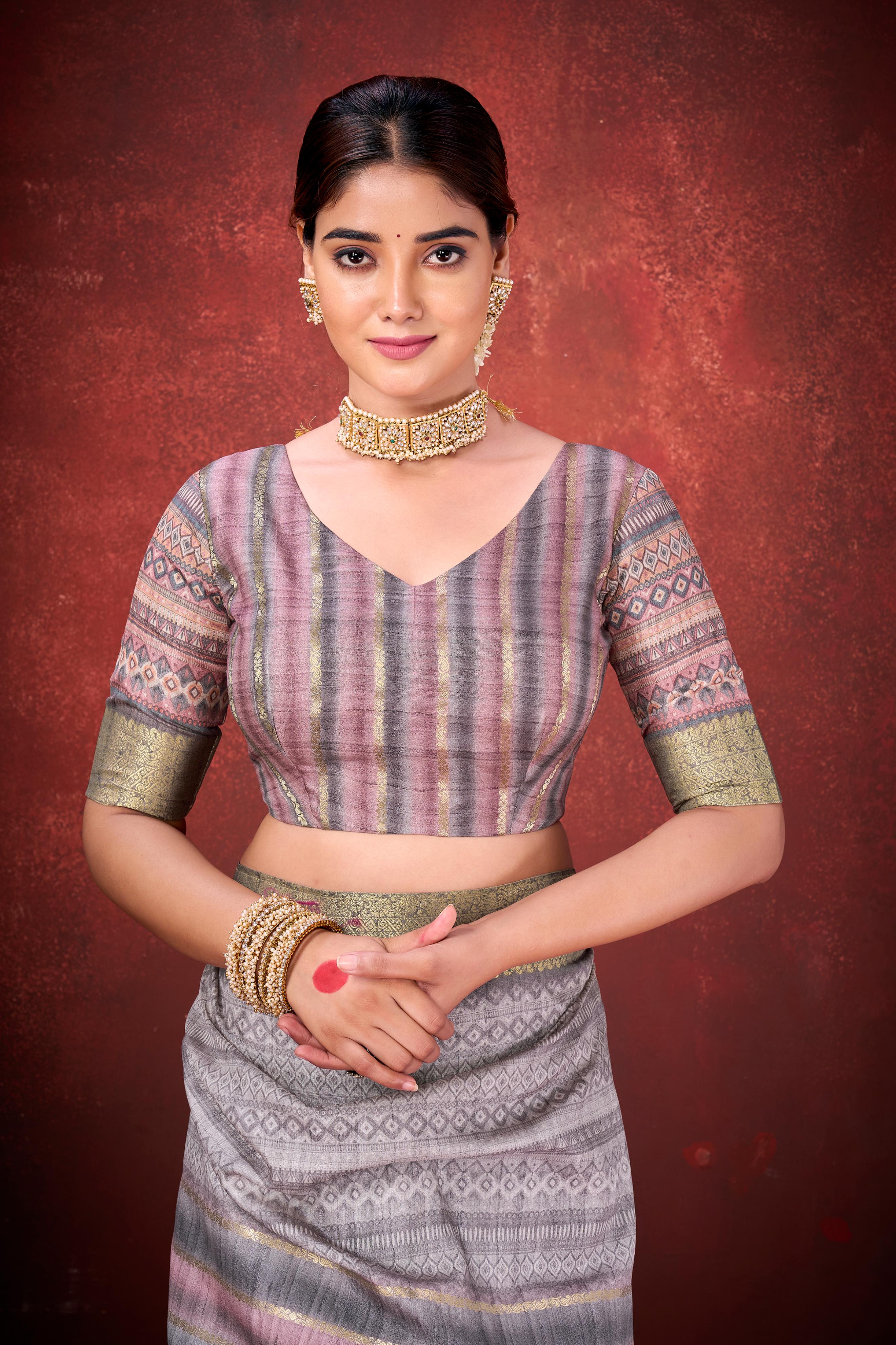 Grey Muga Silk Printed Saree