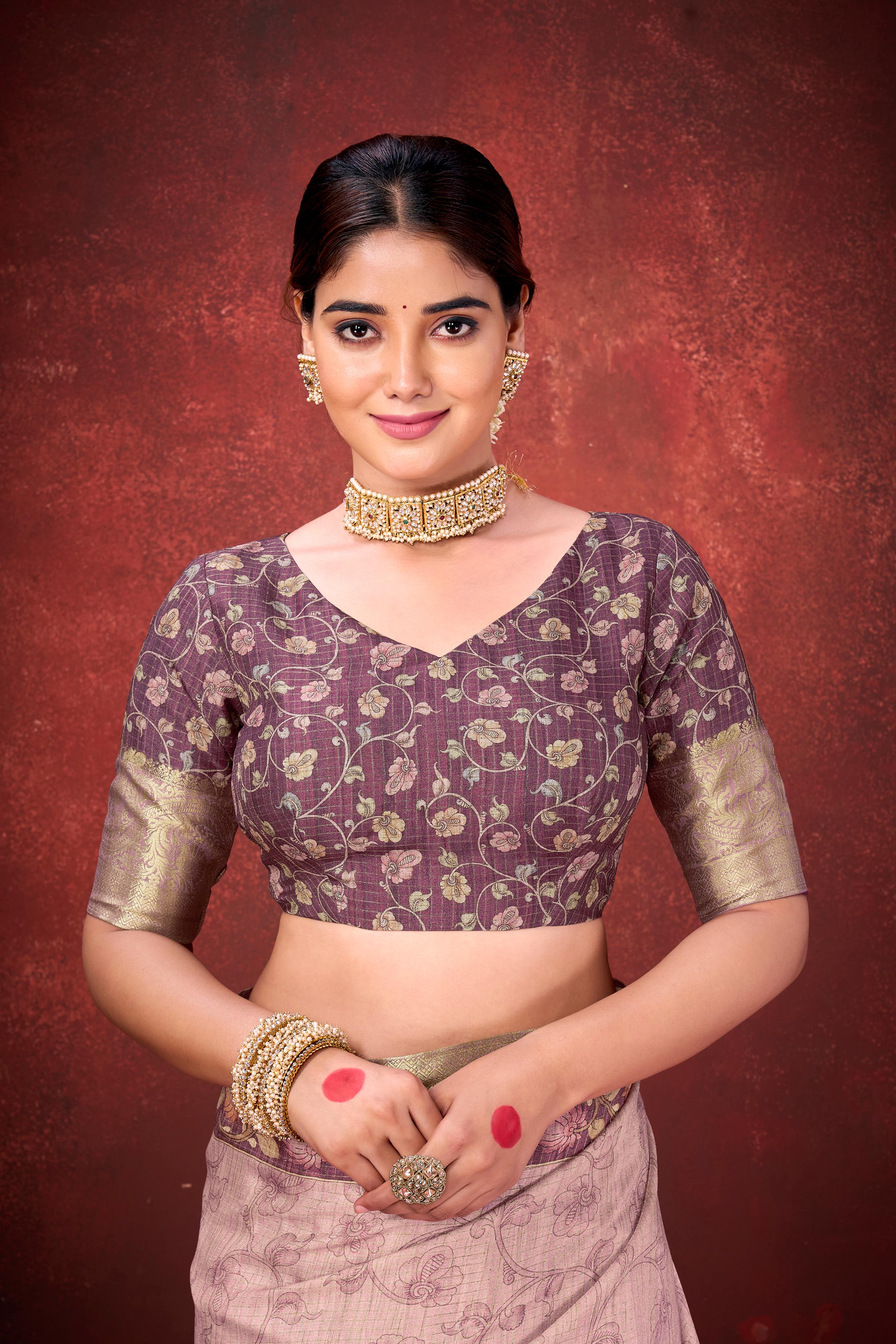 Blush Pink Cora Check Silk Printed Saree