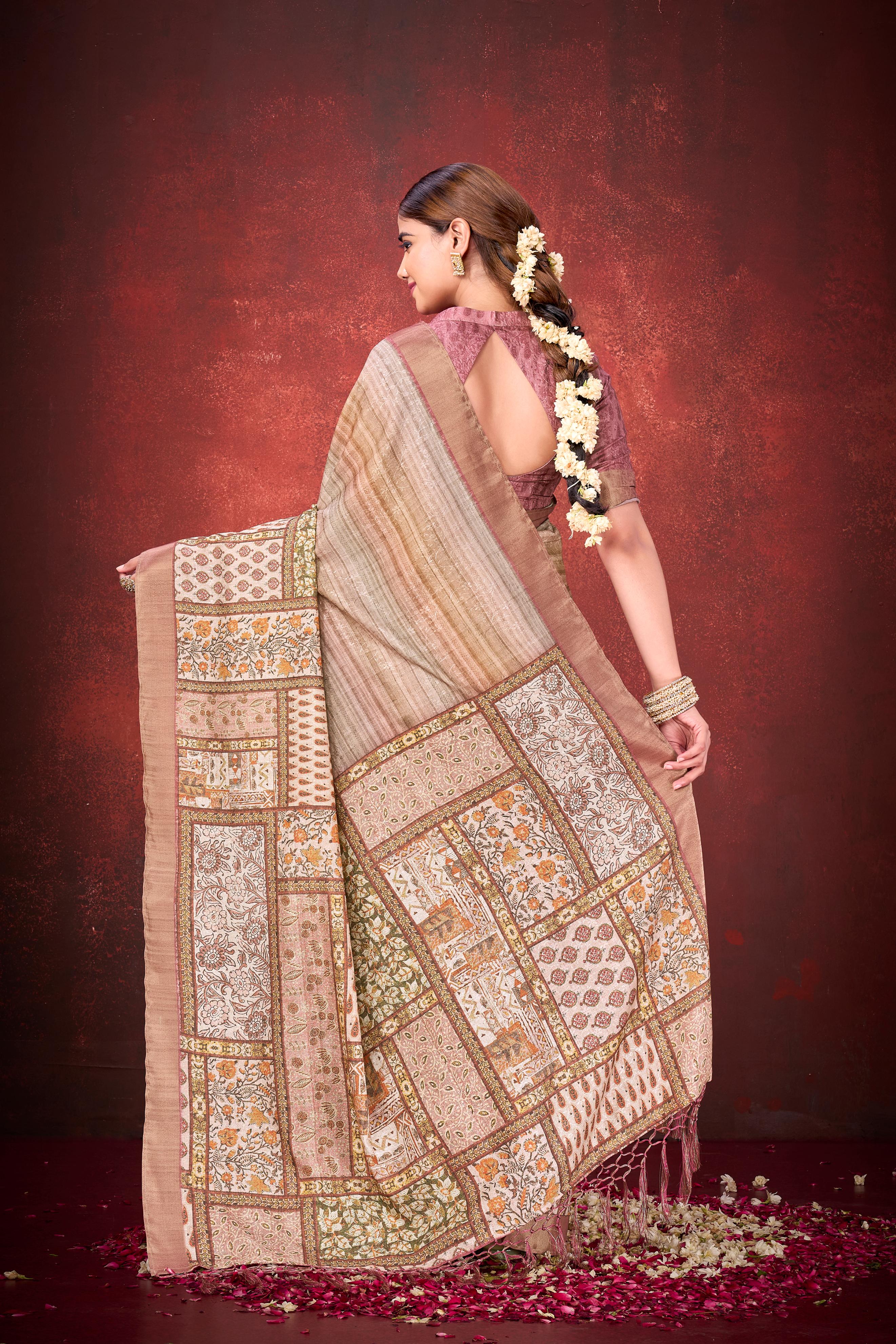 Mauve Pink Spun Silk Printed Saree