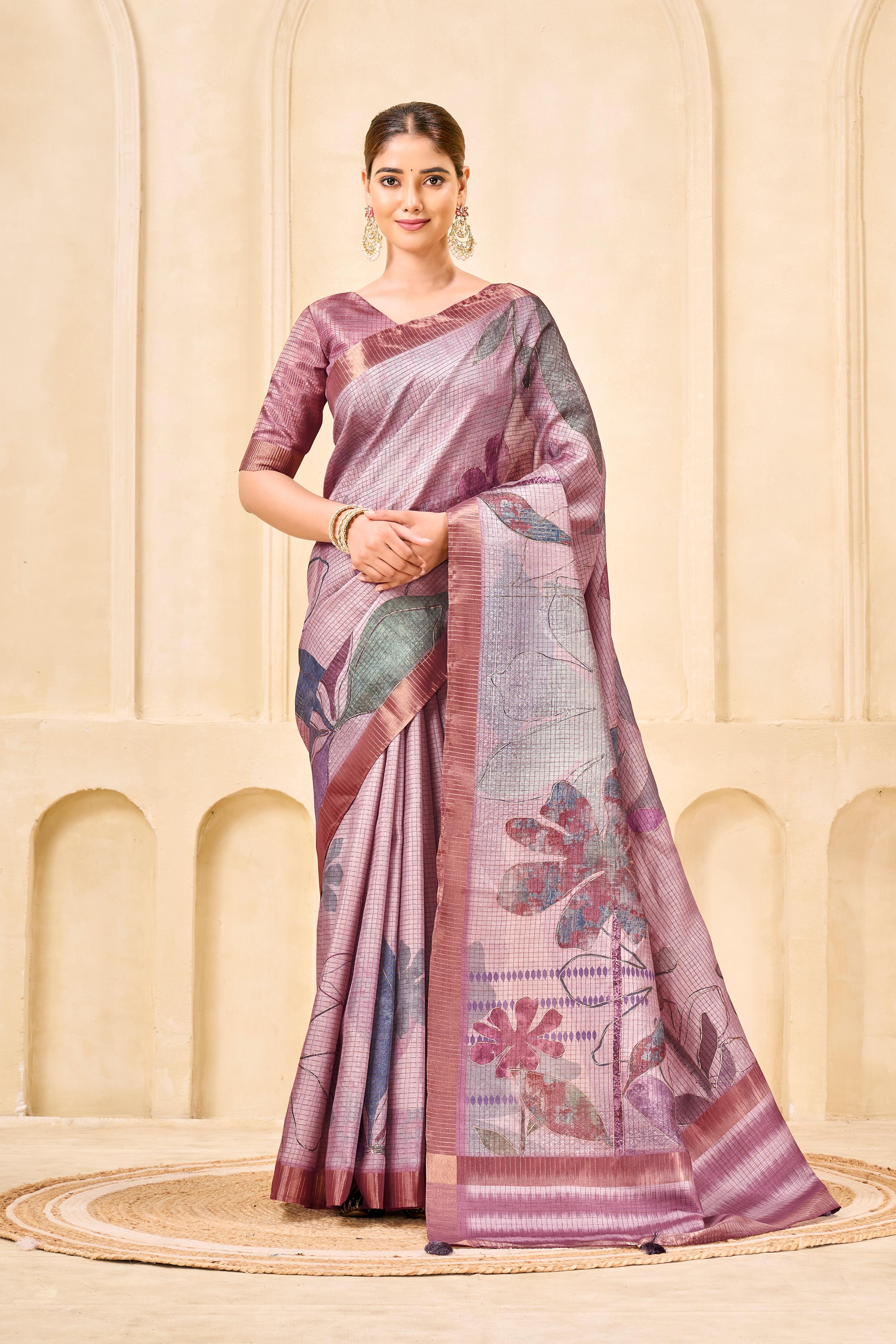 Purple Signora Zari Silk Saree with Floral Digital & Foil Print