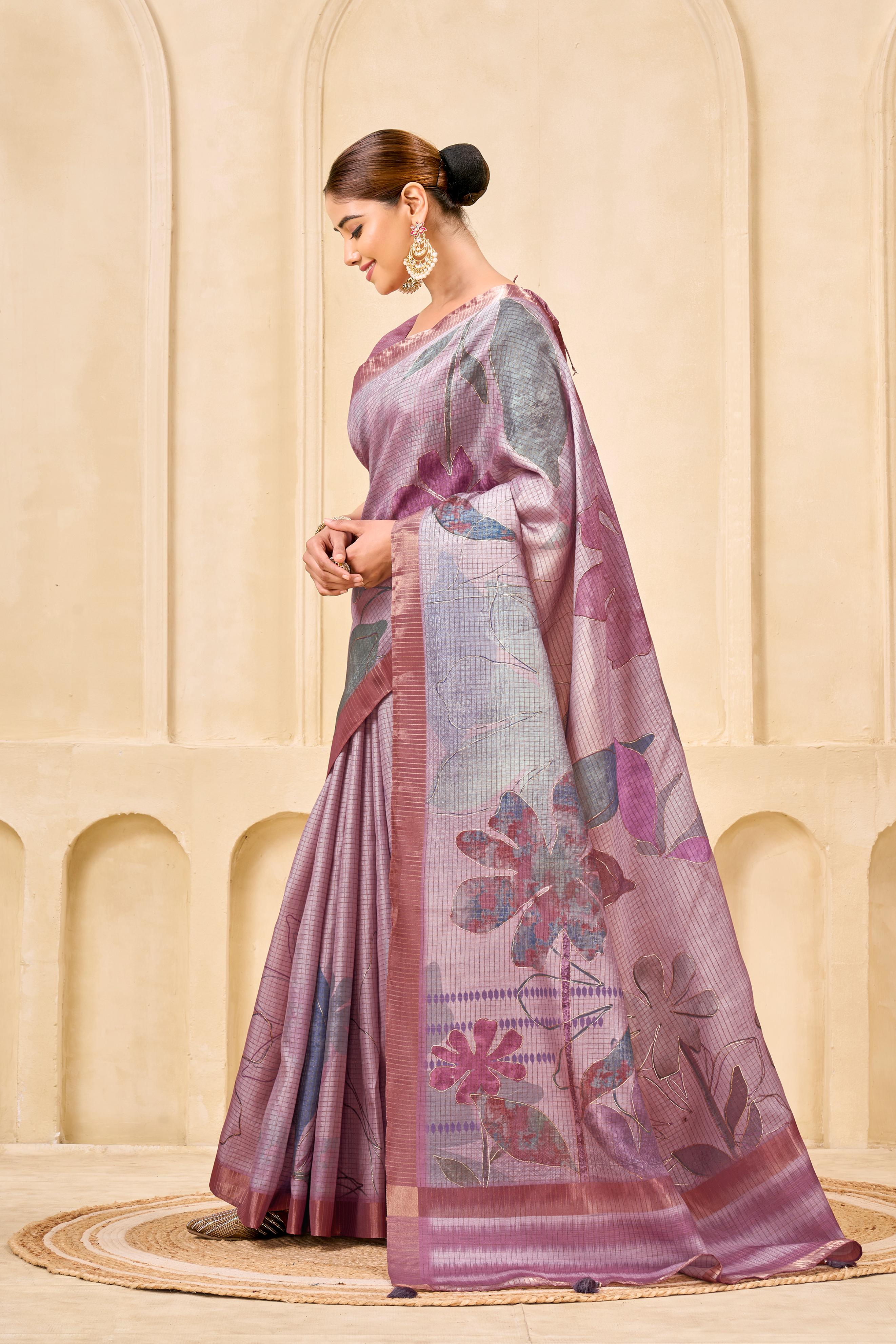 Purple Signora Zari Silk Saree with Floral Digital & Foil Print