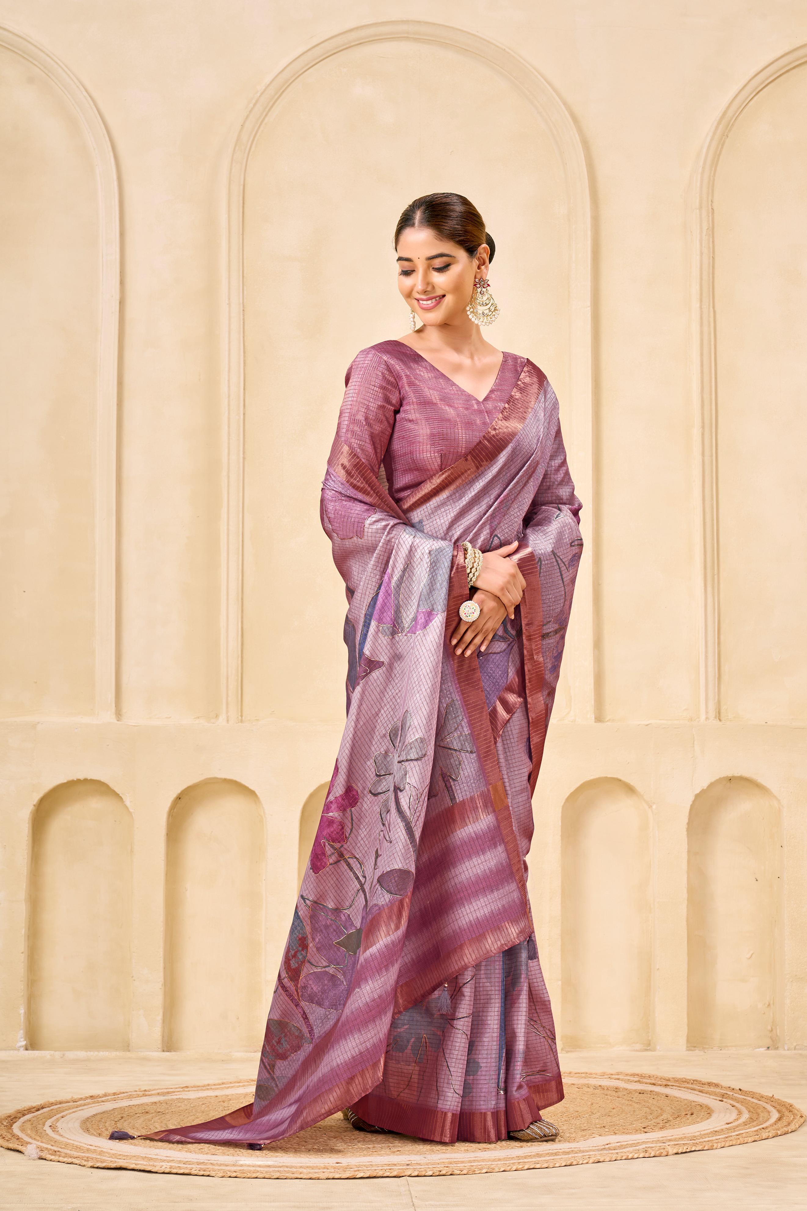 Purple Signora Zari Silk Saree with Floral Digital & Foil Print