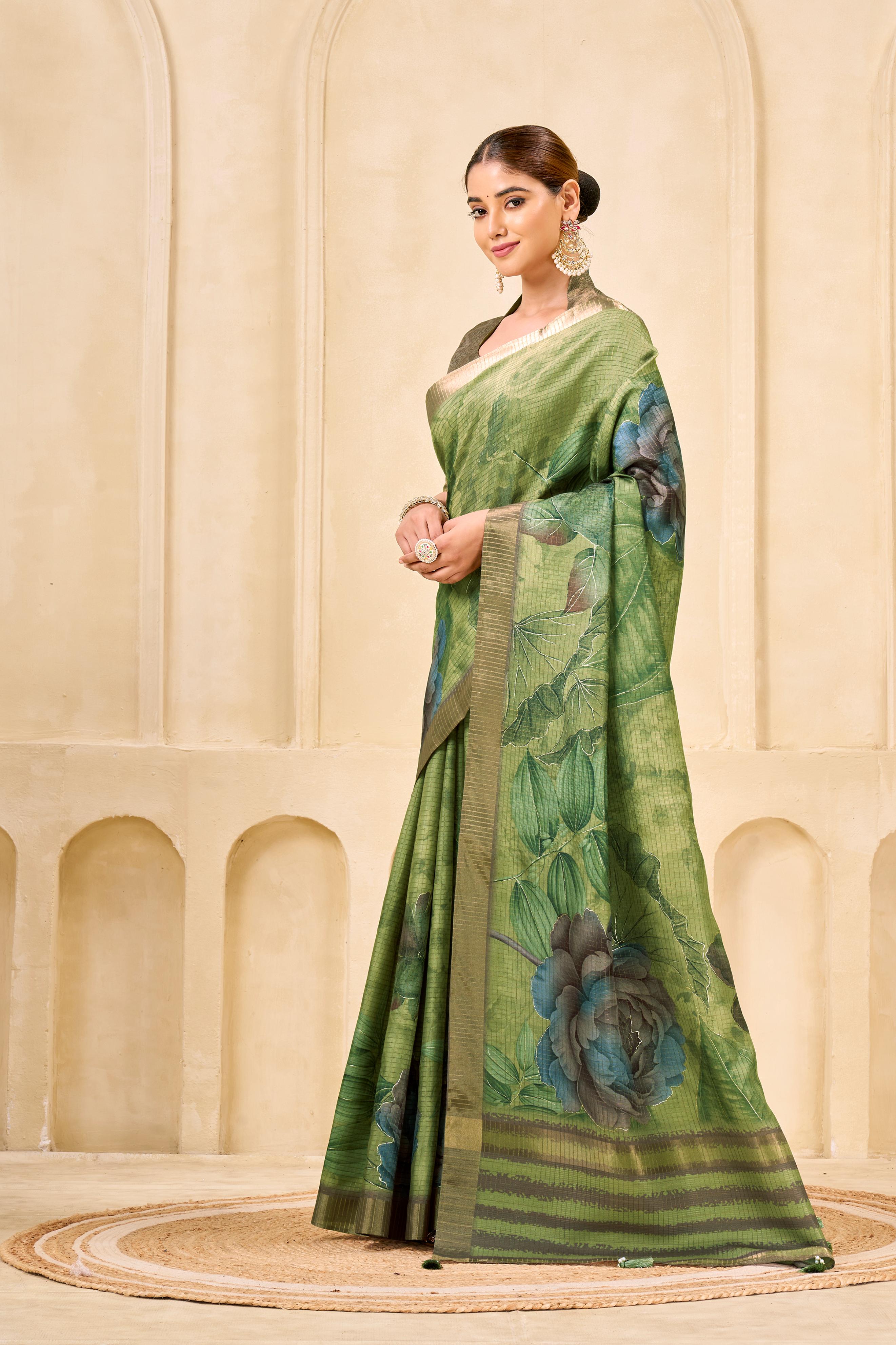 Green Signora Zari Silk Saree with Floral Digital & Foil Print