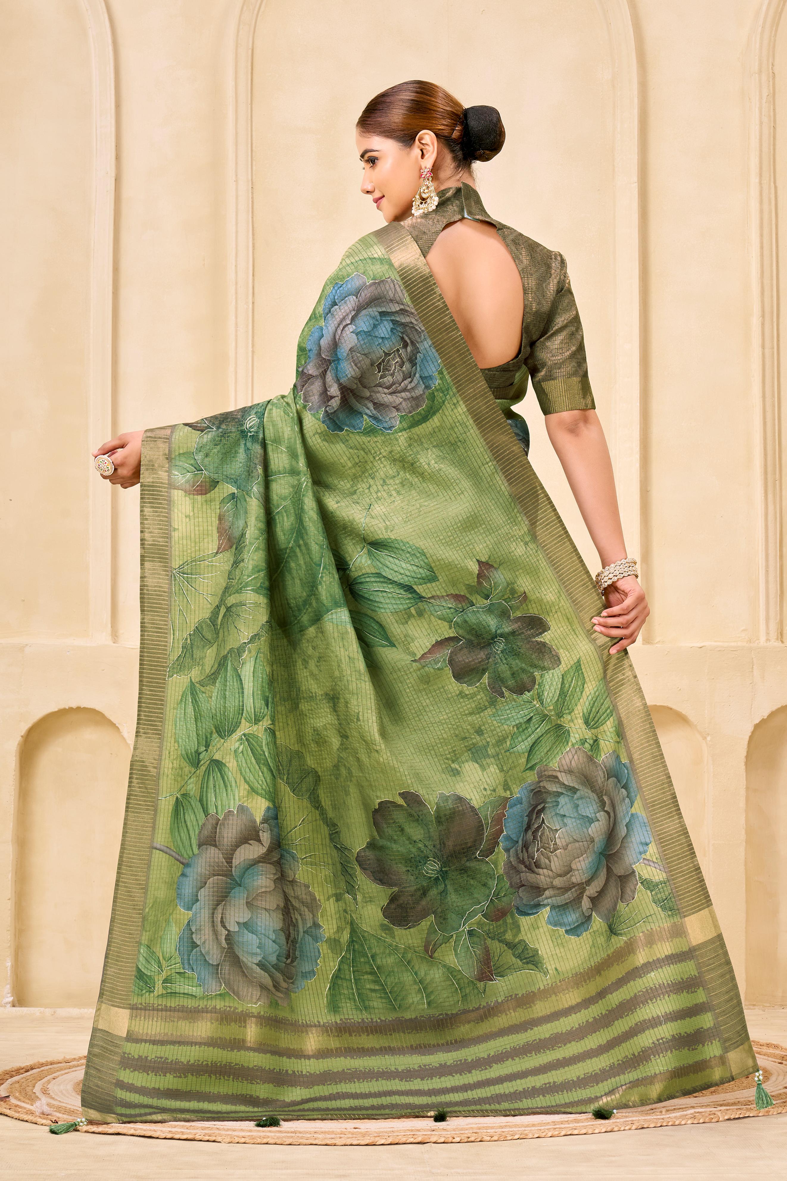 Green Signora Zari Silk Saree with Floral Digital & Foil Print