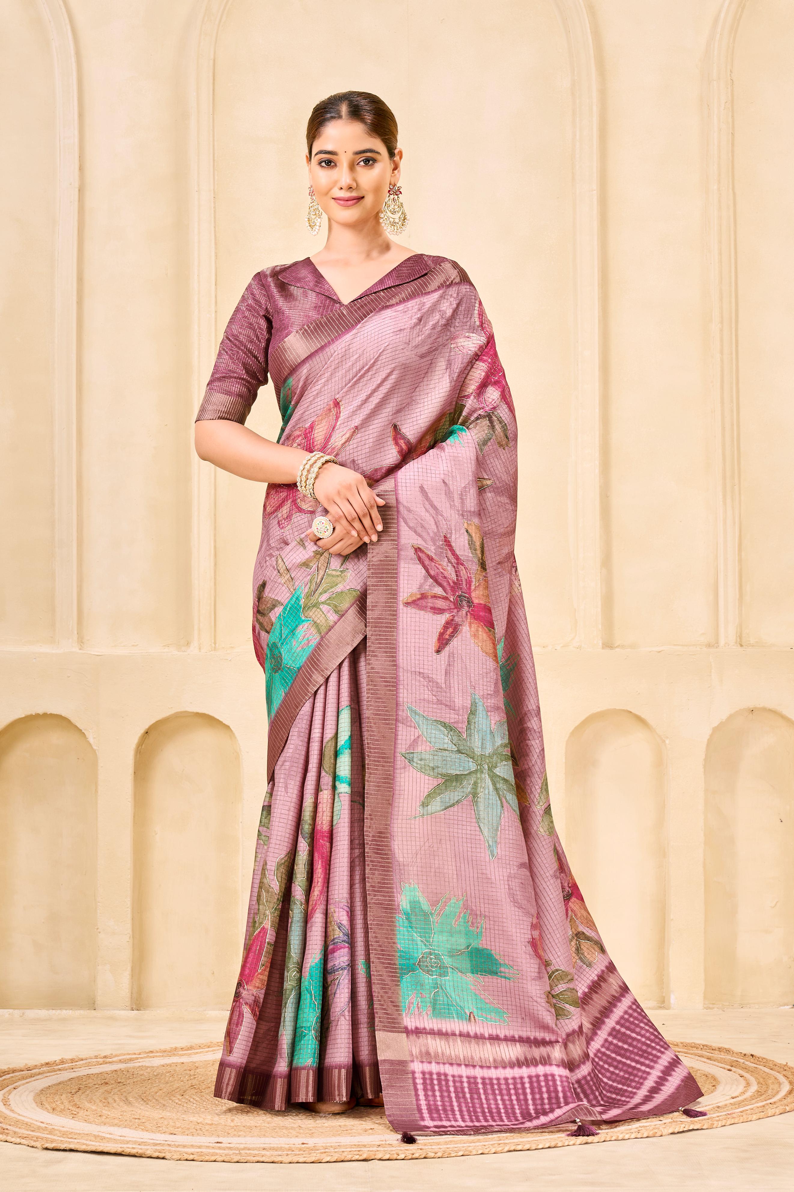 Pink Signora Zari Silk Saree with Floral Digital & Foil Print