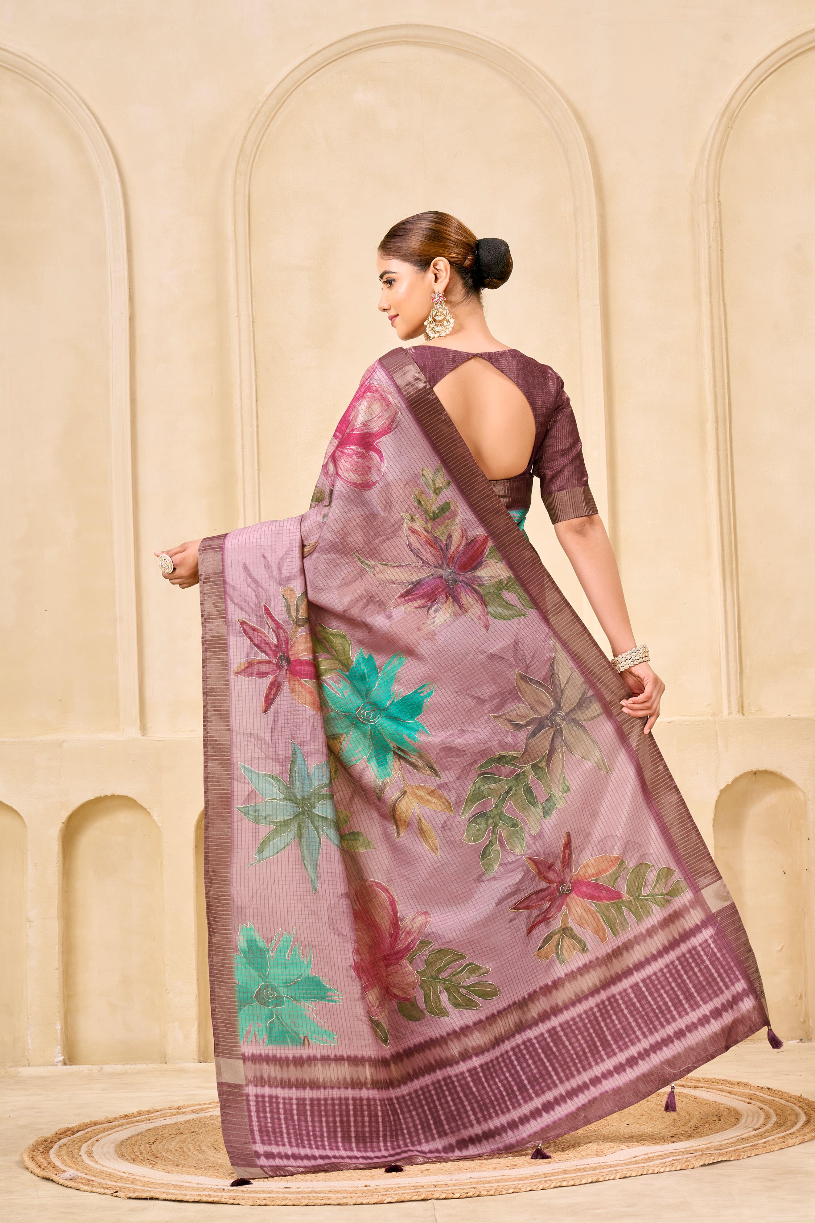 Pink Signora Zari Silk Saree with Floral Digital & Foil Print