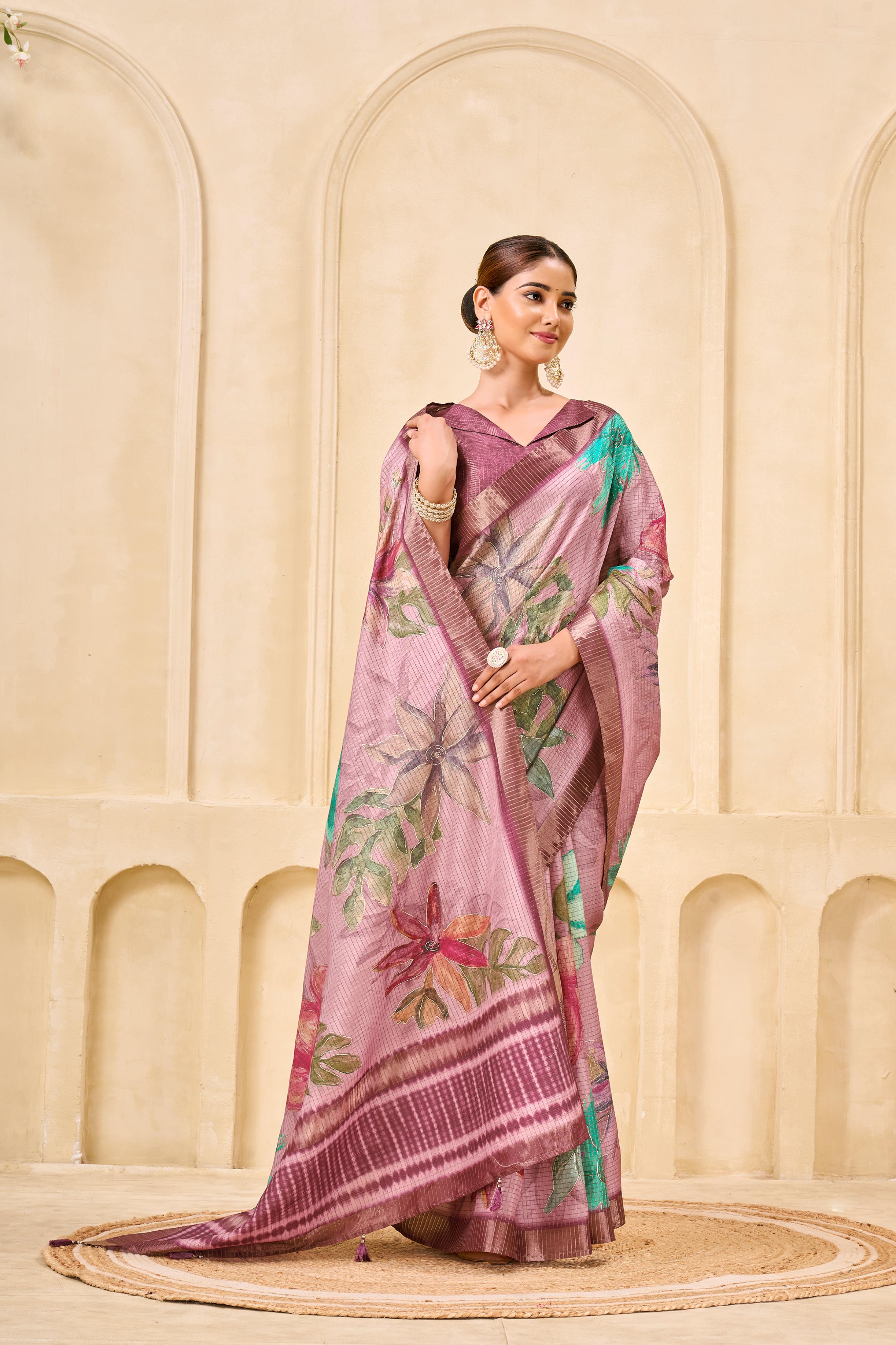 Pink Signora Zari Silk Saree with Floral Digital & Foil Print