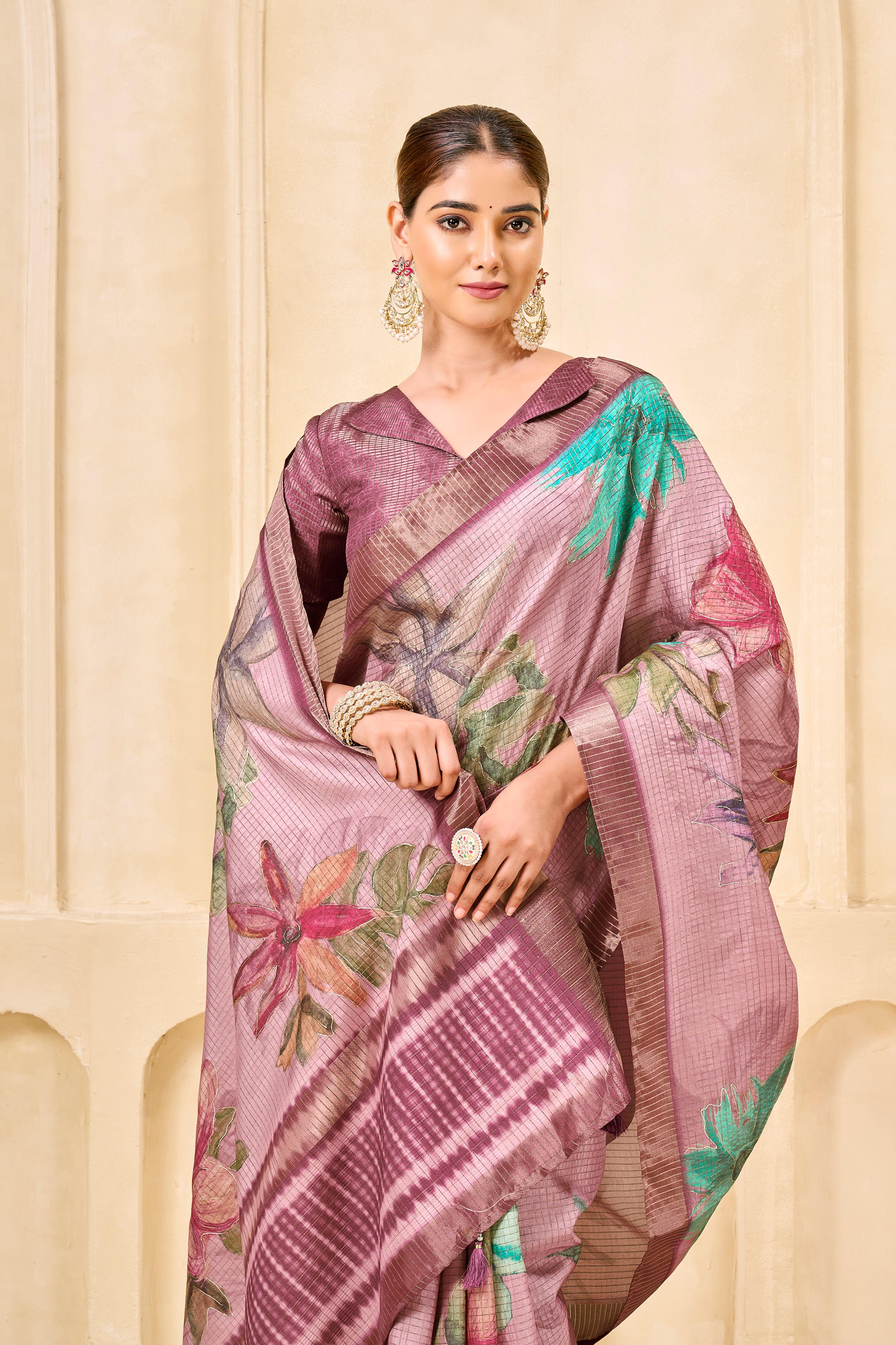 Pink Signora Zari Silk Saree with Floral Digital & Foil Print