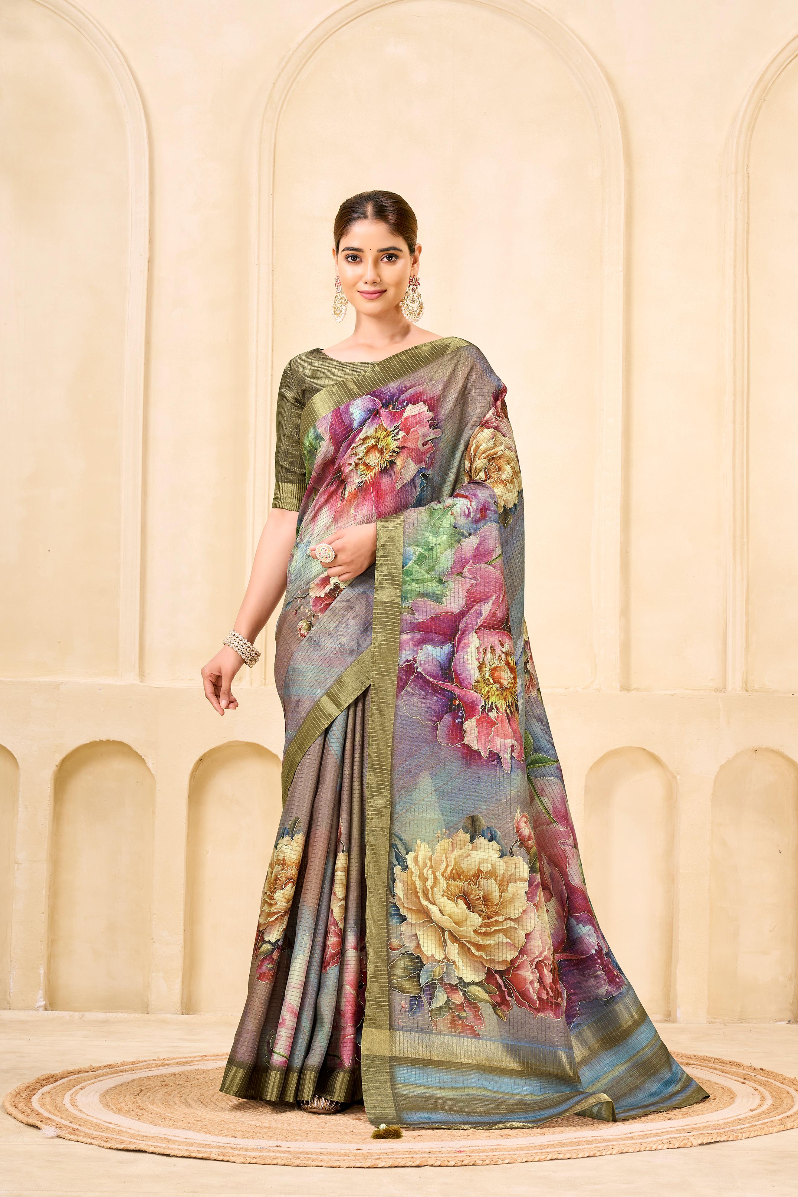 Grey Signora Zari Silk Saree with Floral Digital & Foil Print