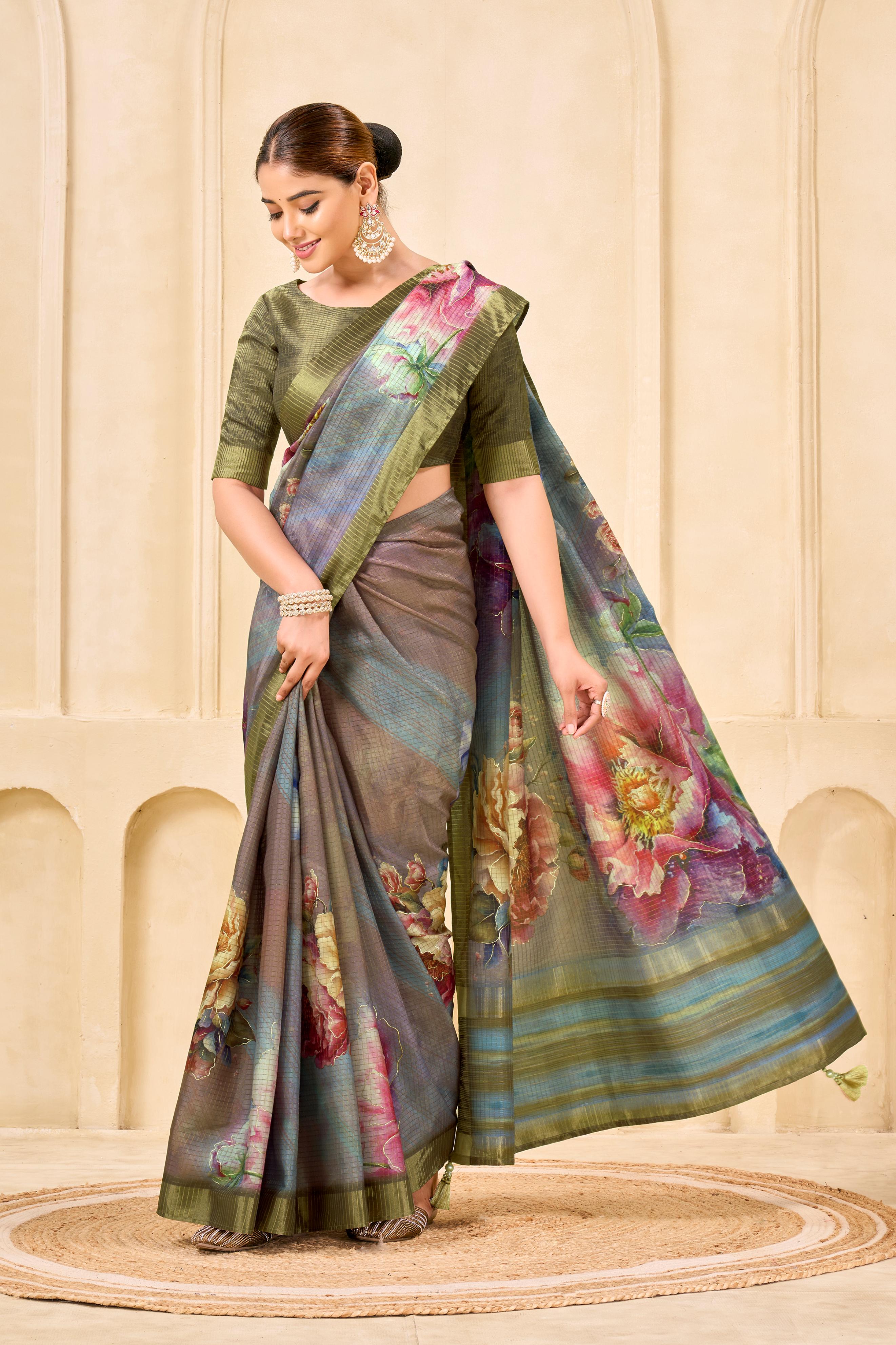 Grey Signora Zari Silk Saree with Floral Digital & Foil Print