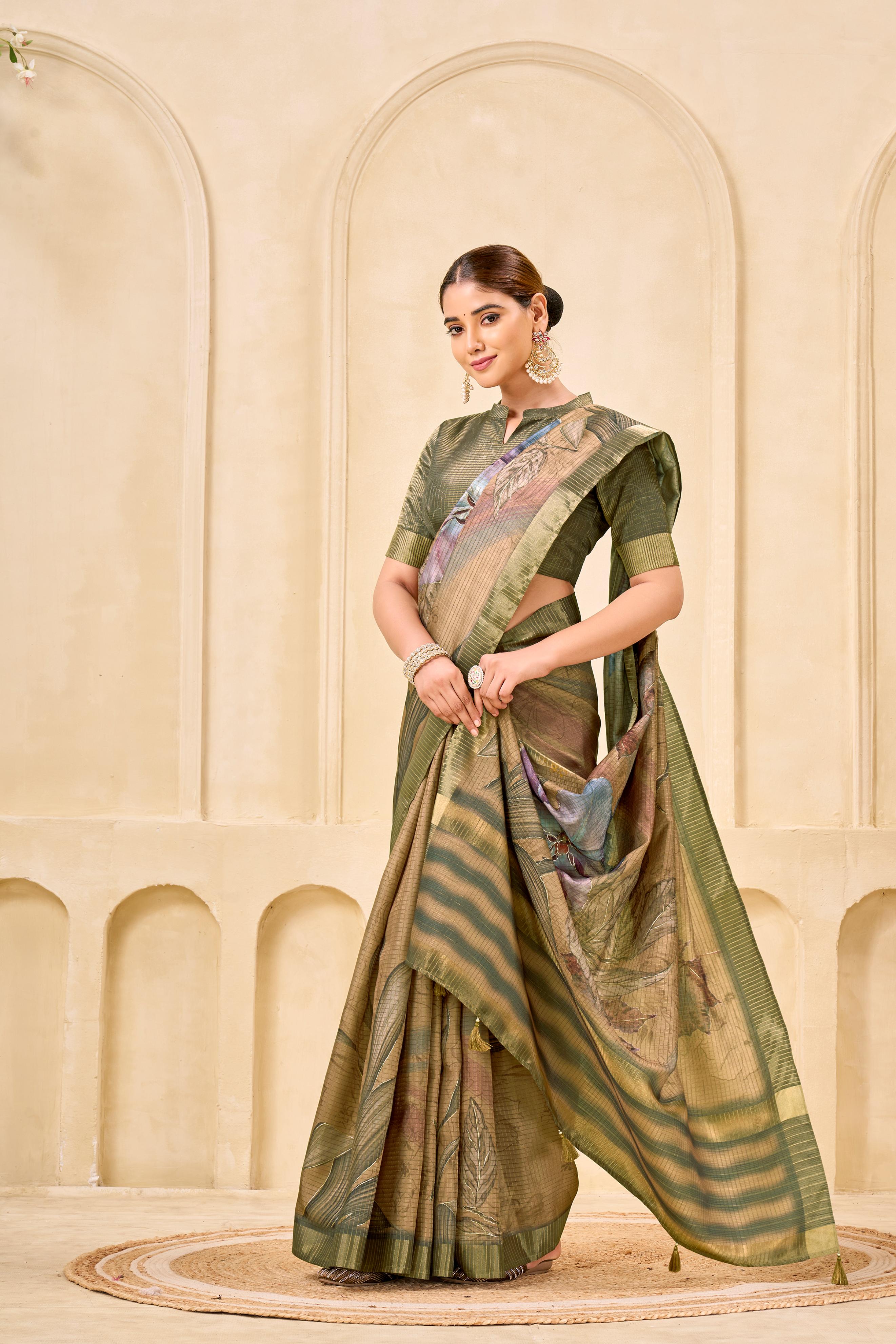 Chiku Signora Zari Silk Saree with Floral Digital & Foil Print