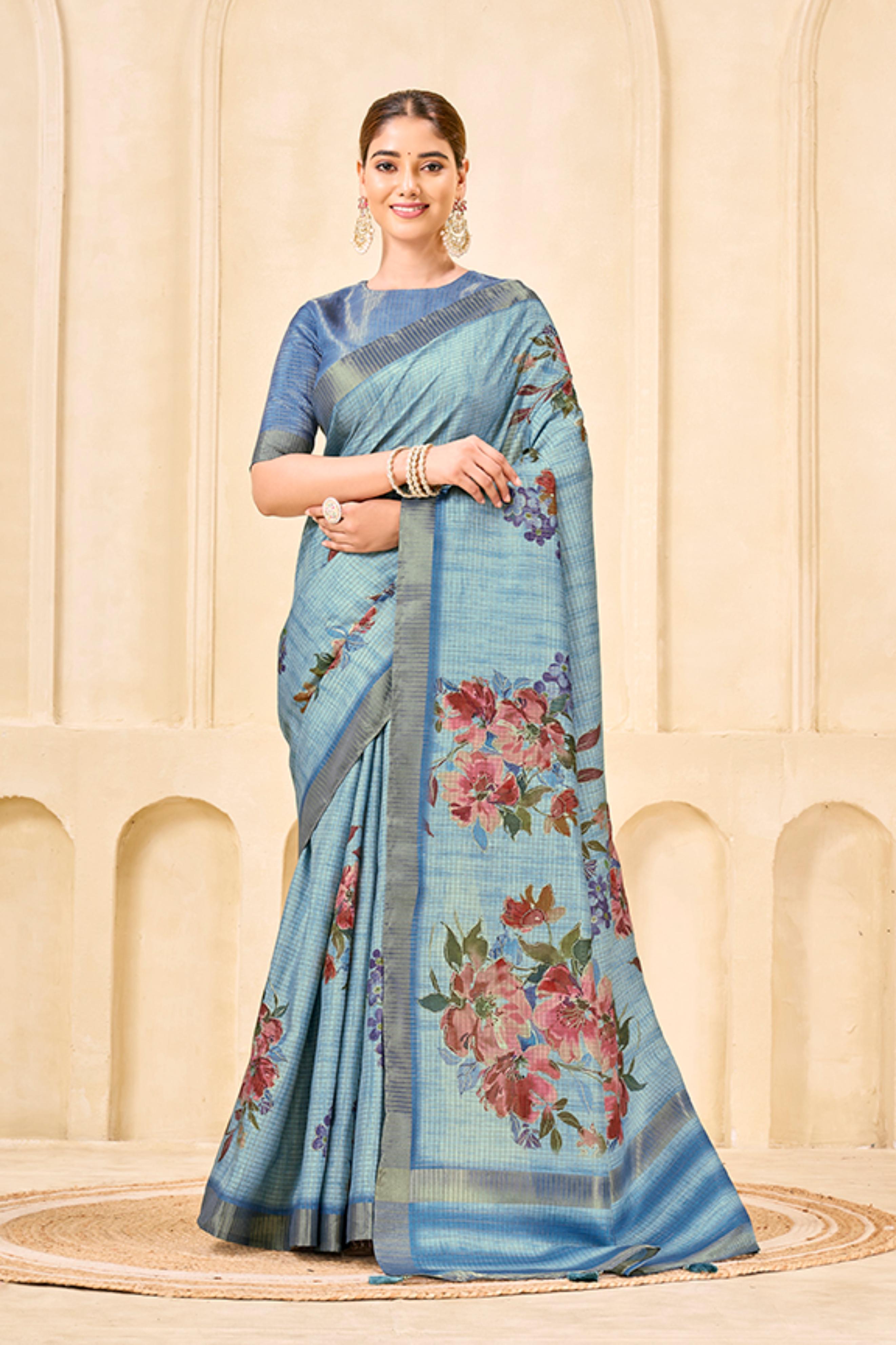 Sky Blue Signora Zari Silk Saree with Floral Digital & Foil Print