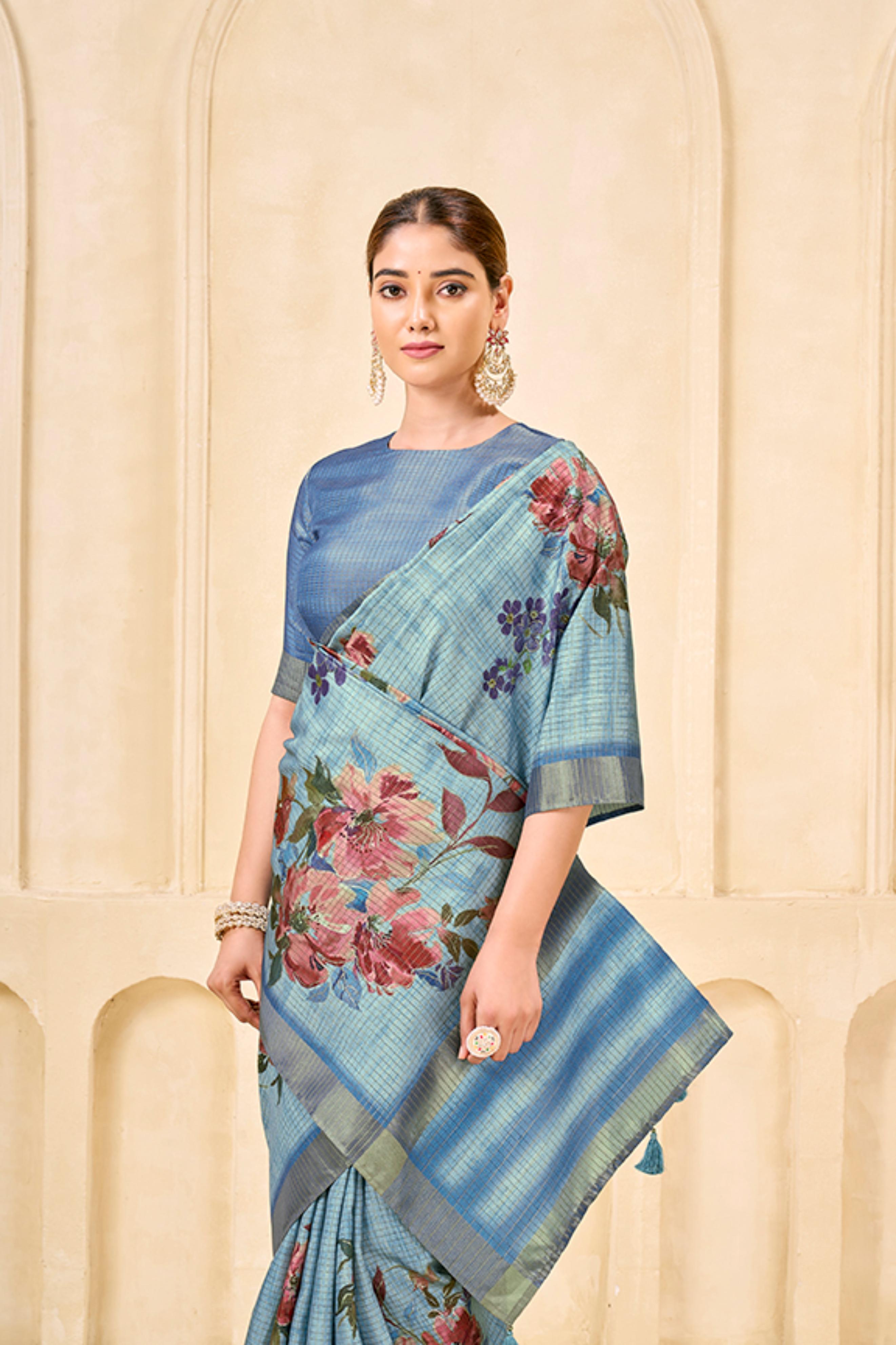 Sky Blue Signora Zari Silk Saree with Floral Digital & Foil Print
