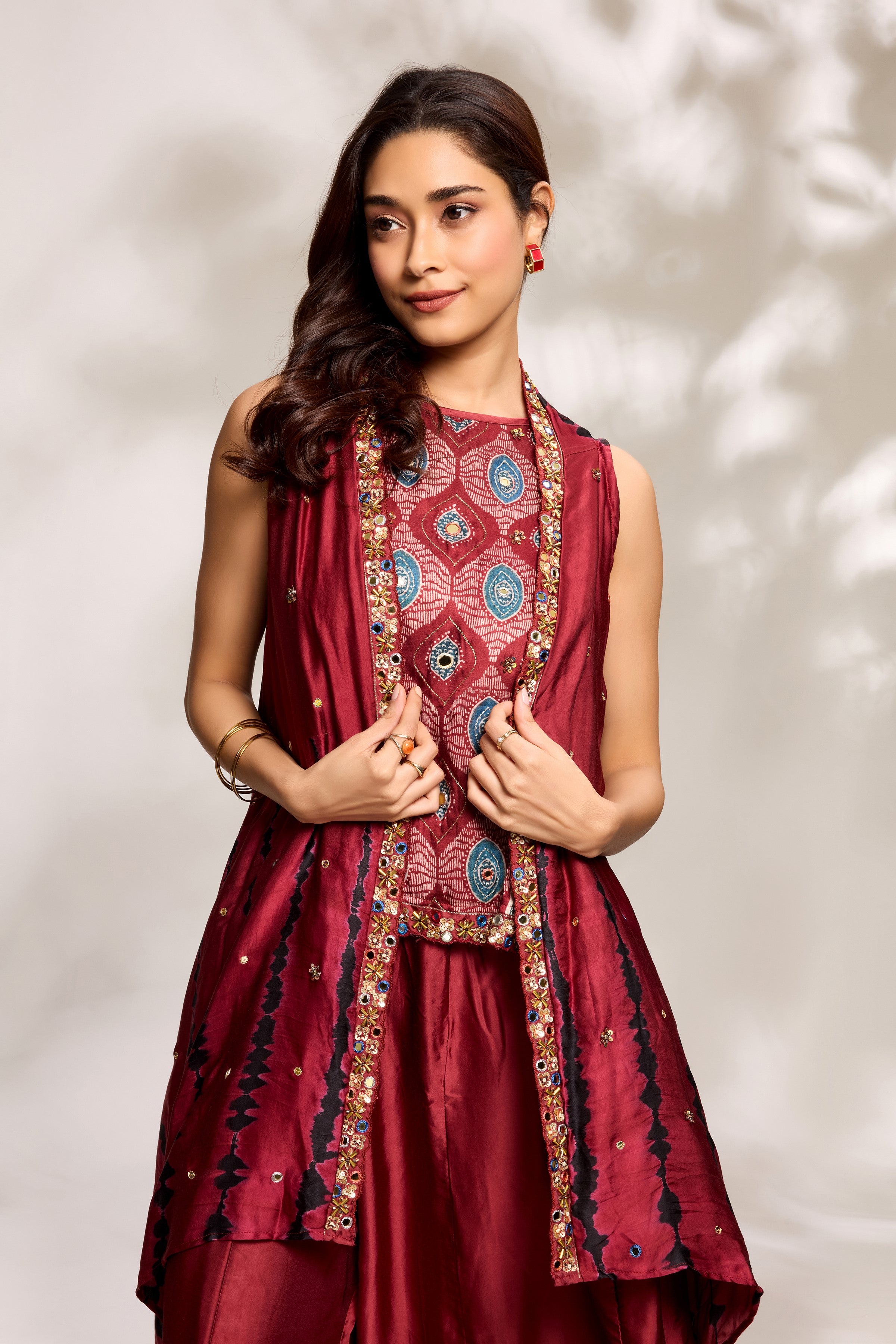 Deep Red Printed Cape Set