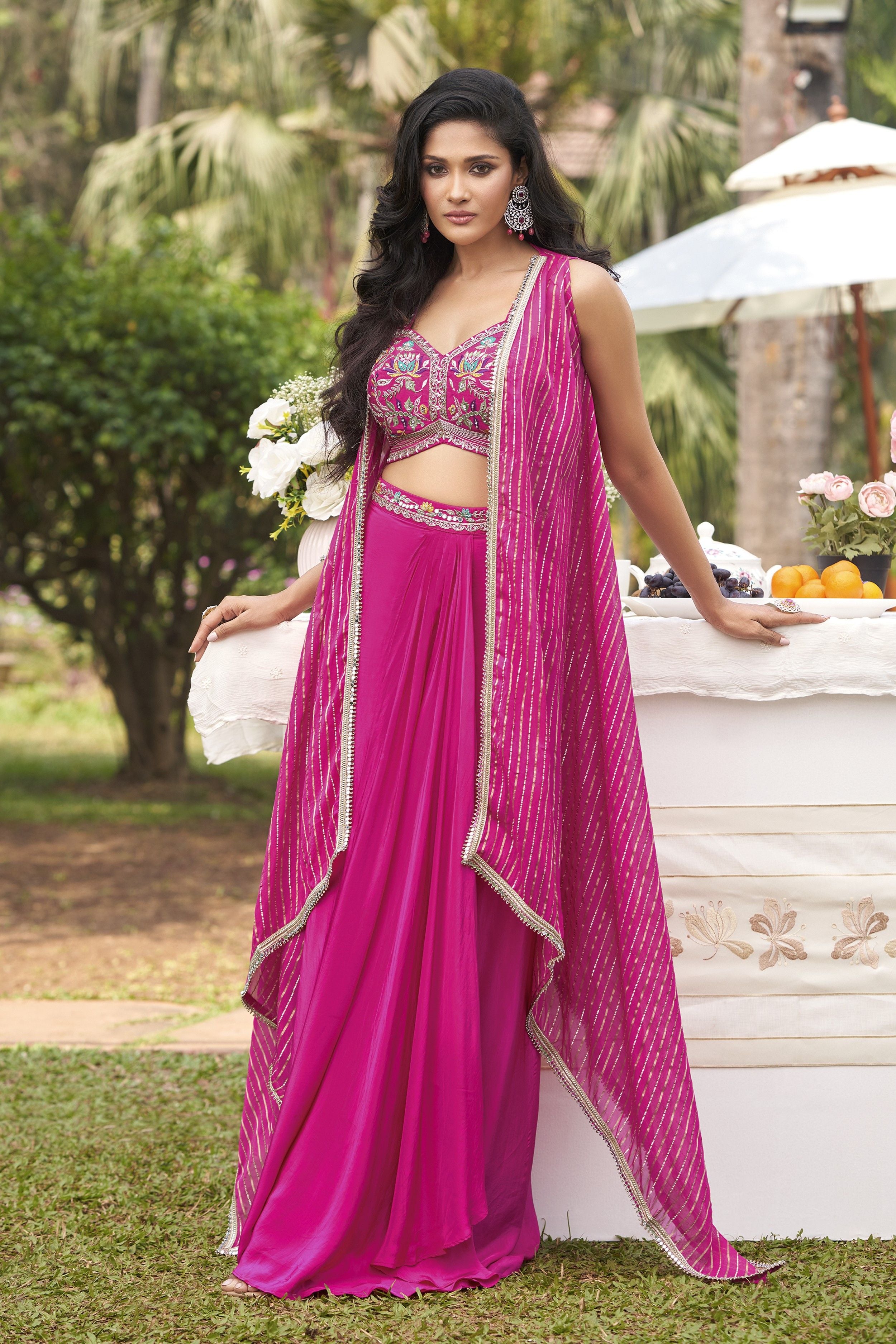 Deep Pink Embellished Cape Set