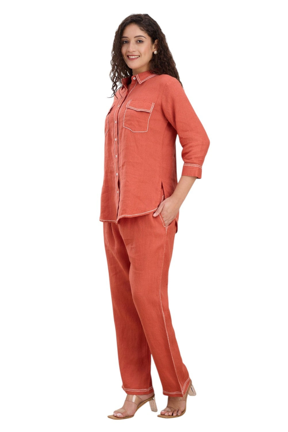 Burnt Orange Embroidered Linen Co-Ord Set