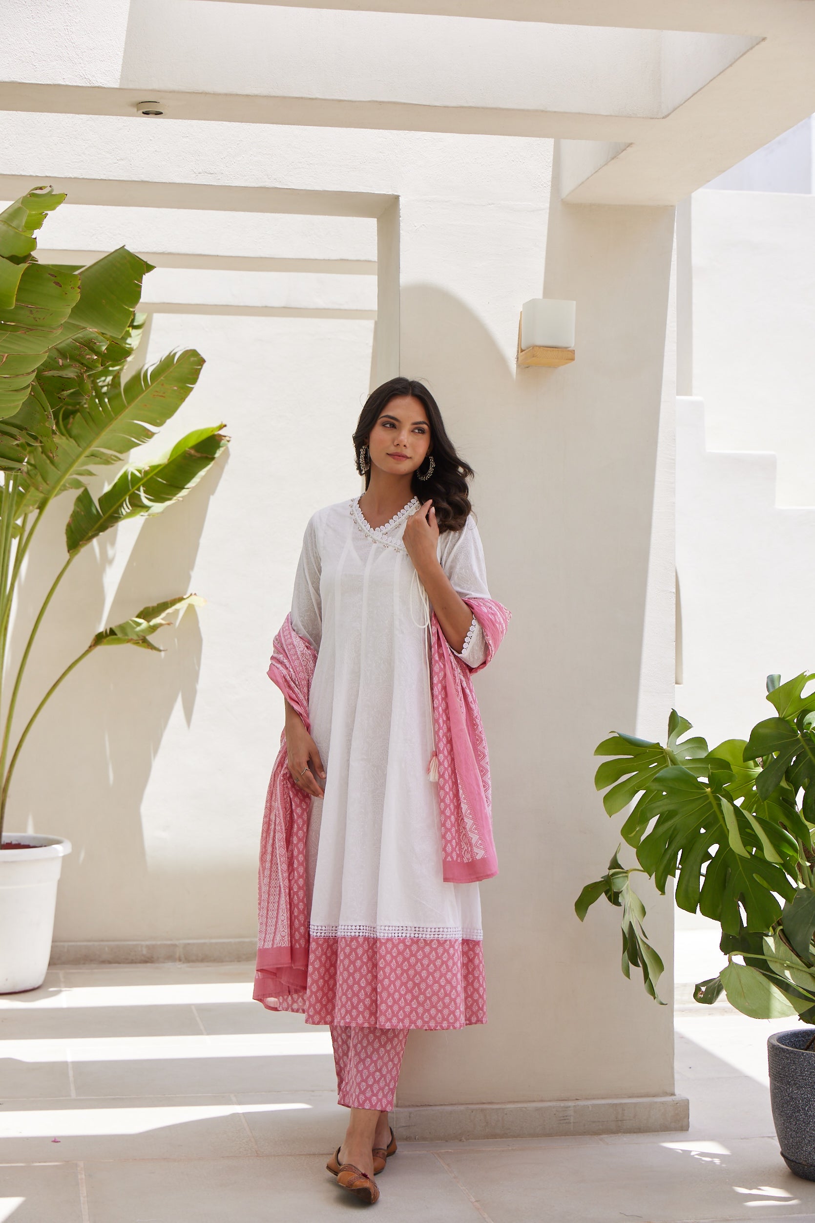 White Minimal Embellished Cotton Silk Angrakha Kurta Set