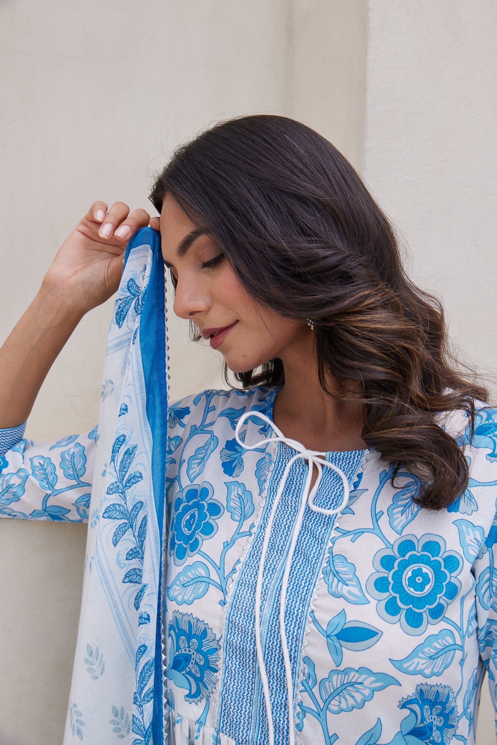 Persian Blue Floral Printed Cotton Silk Anarkali Set