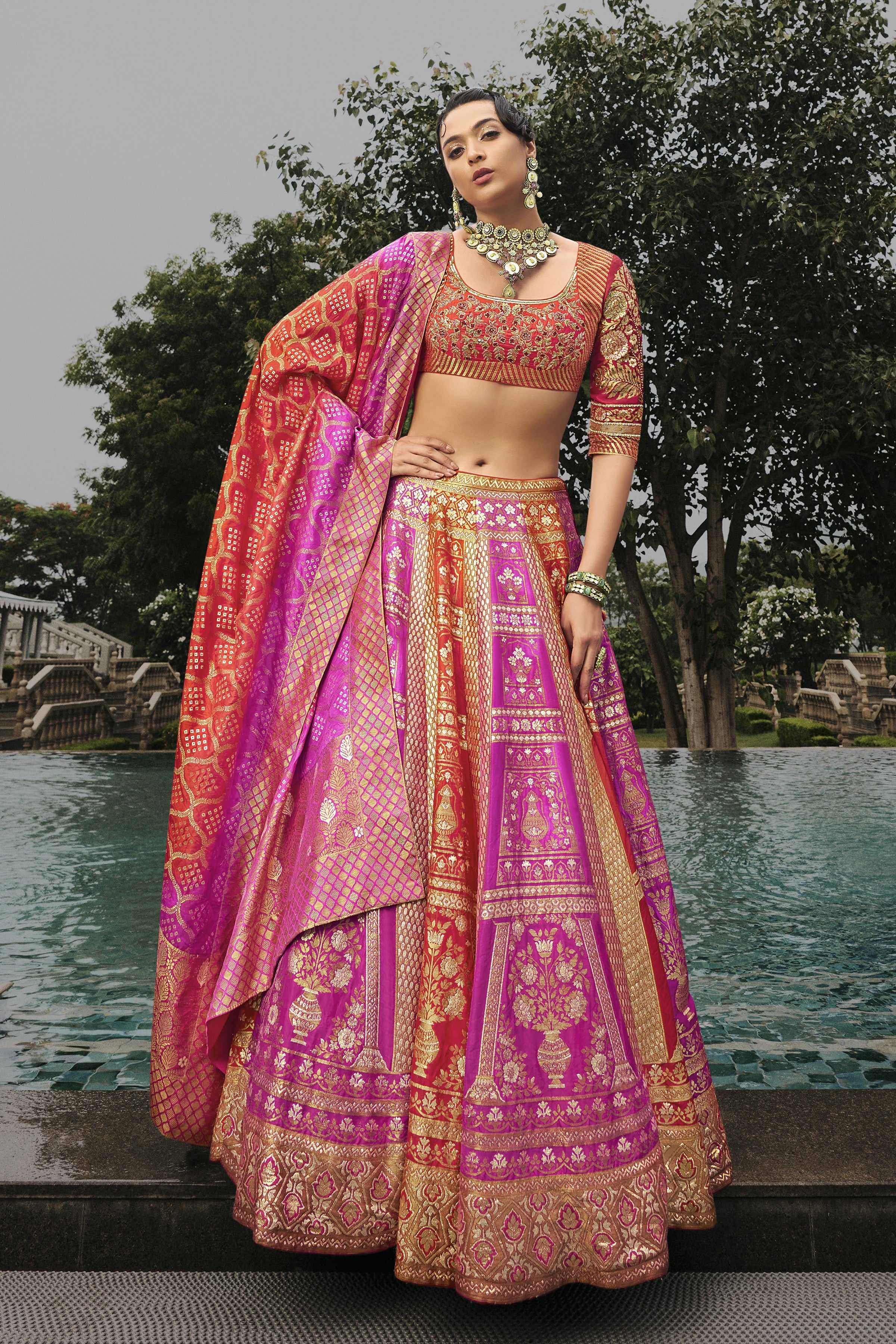 Orange Embellished Banarasi Silk Lehenga Set