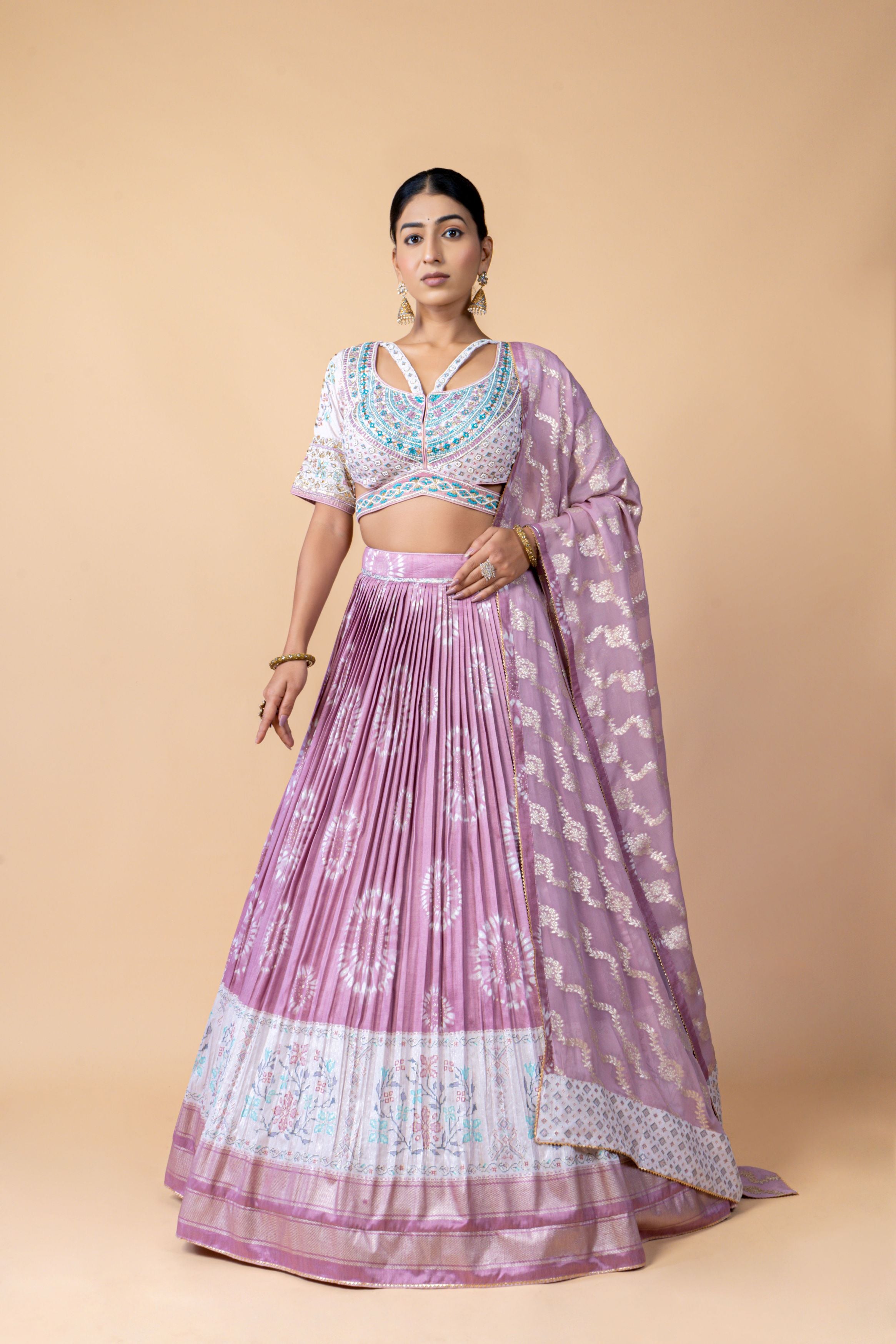 Lavender Embellished Brocade Silk Lehenga Set