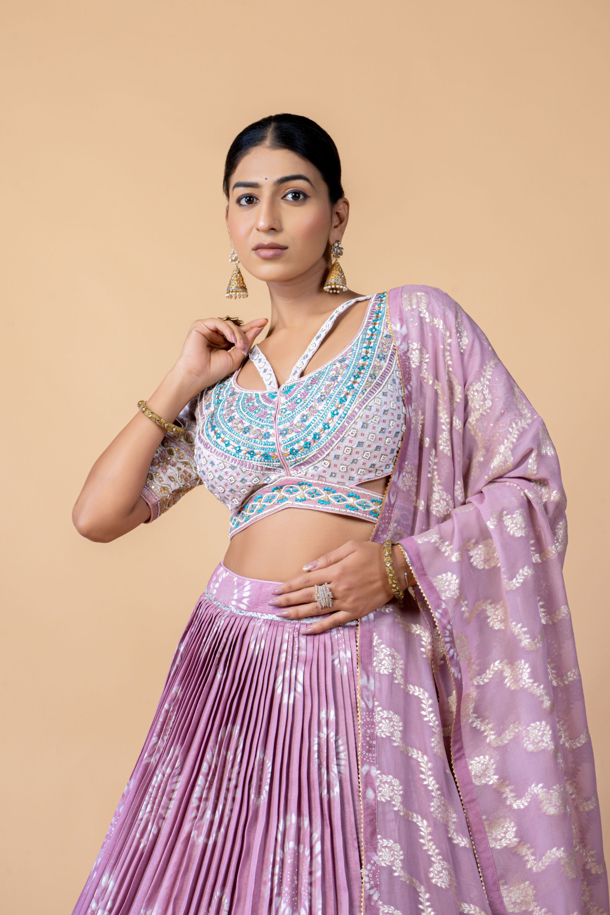 Lavender Embellished Brocade Silk Lehenga Set
