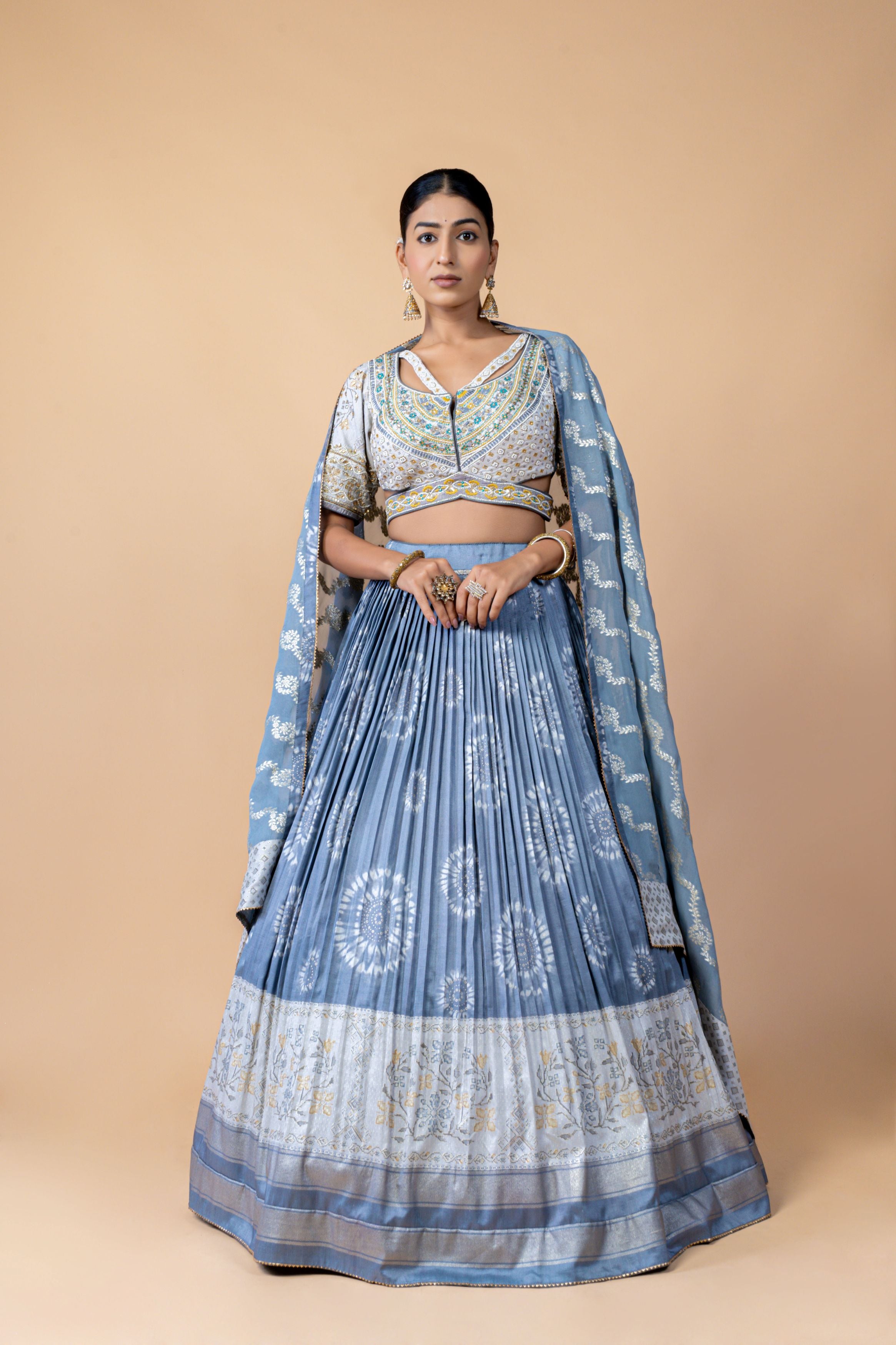 Powder Blue Embellished Brocade Silk Lehenga Set