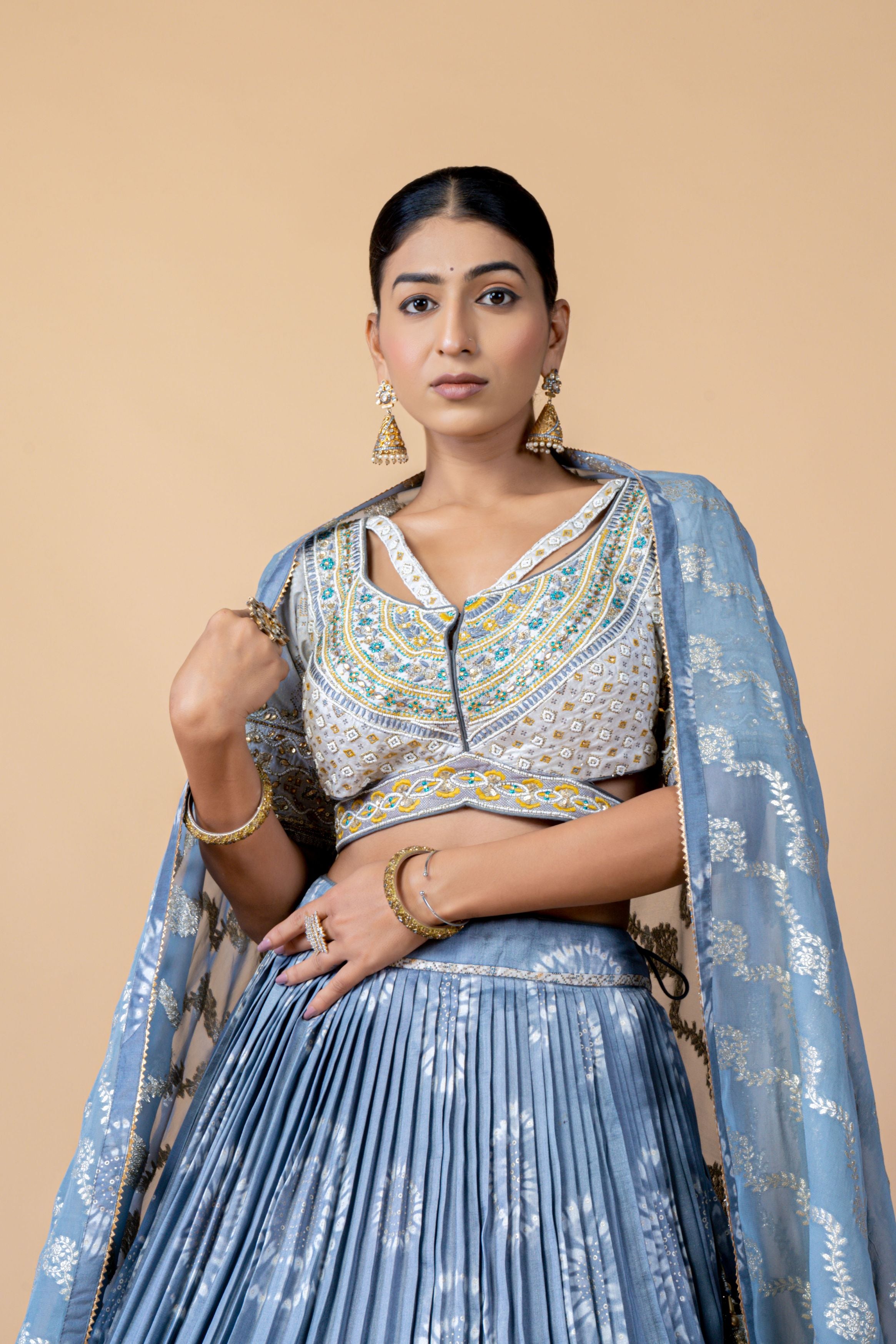 Powder Blue Embellished Brocade Silk Lehenga Set