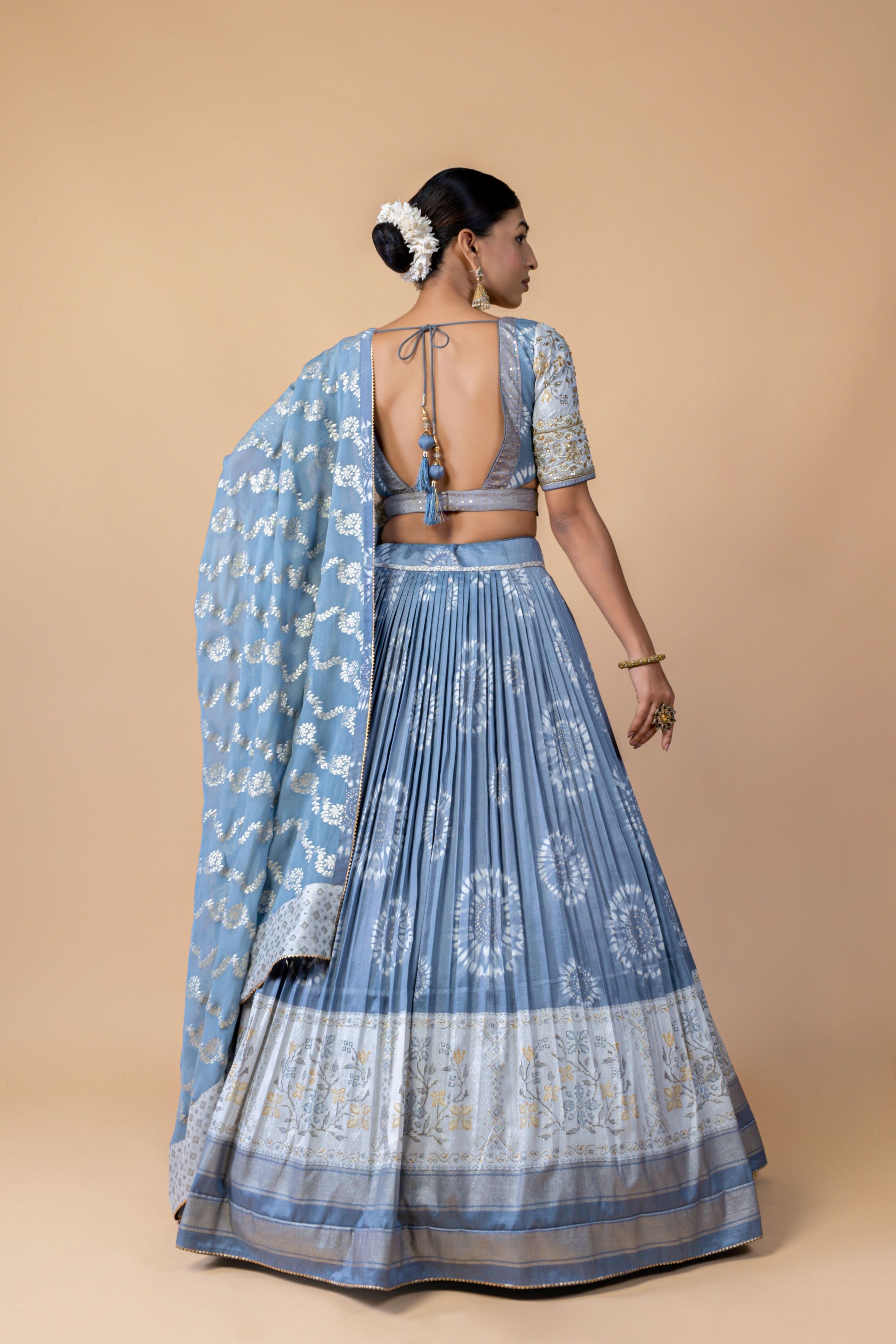 Powder Blue Embellished Brocade Silk Lehenga Set