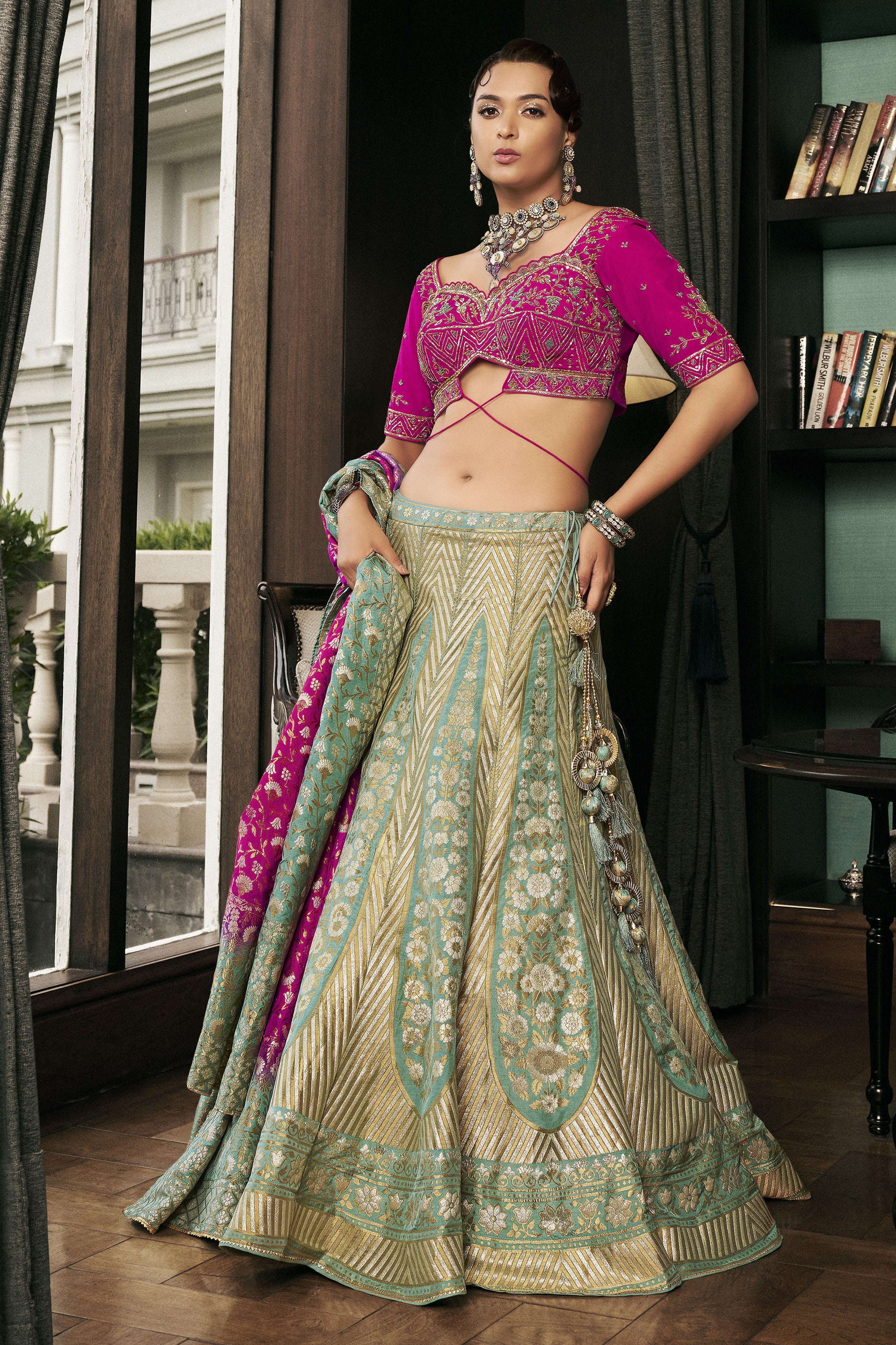 Sage Green Embellished Brocade Silk Lehenga Set