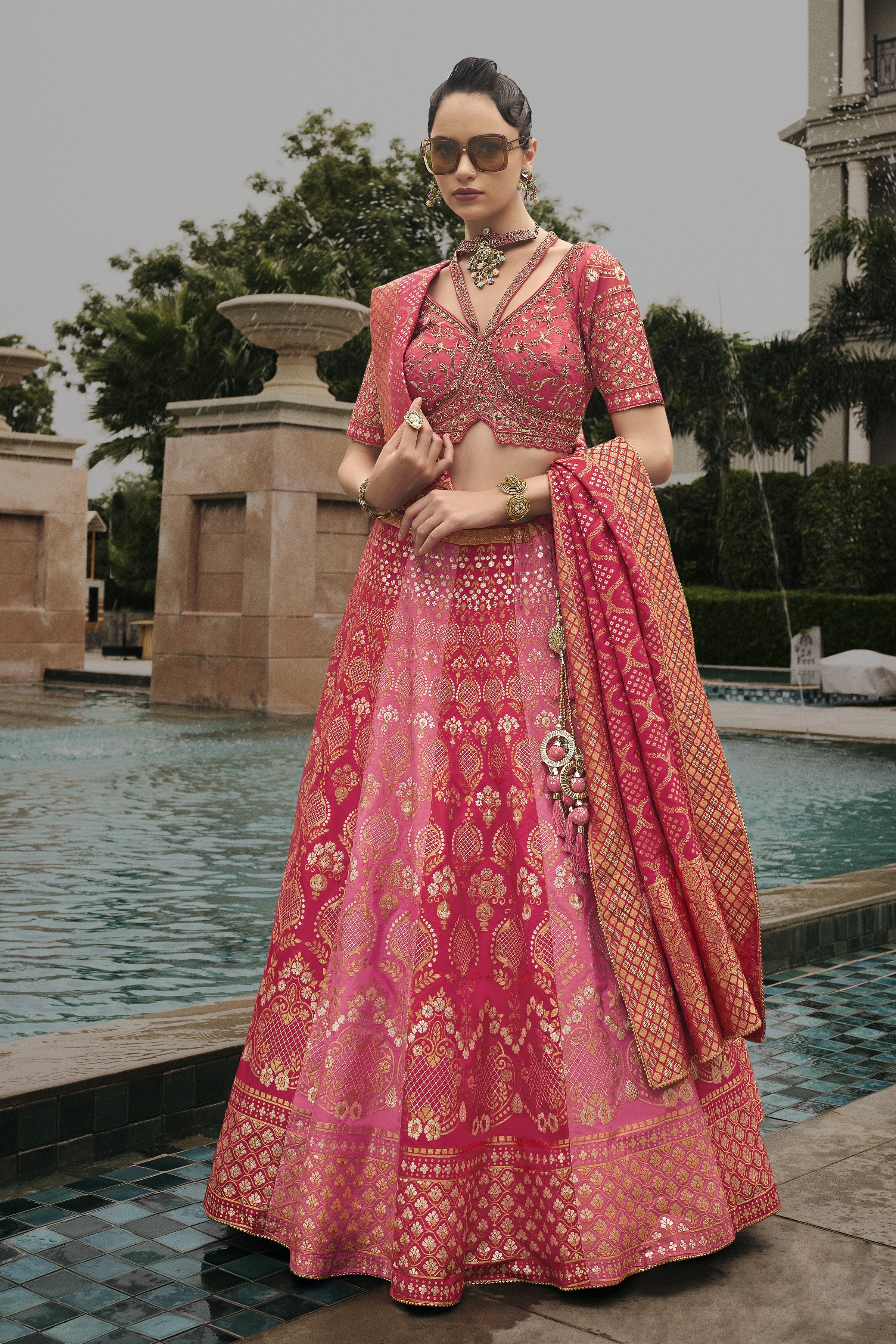 Pastel Pink Embellished Banarasi Silk Lehenga Set