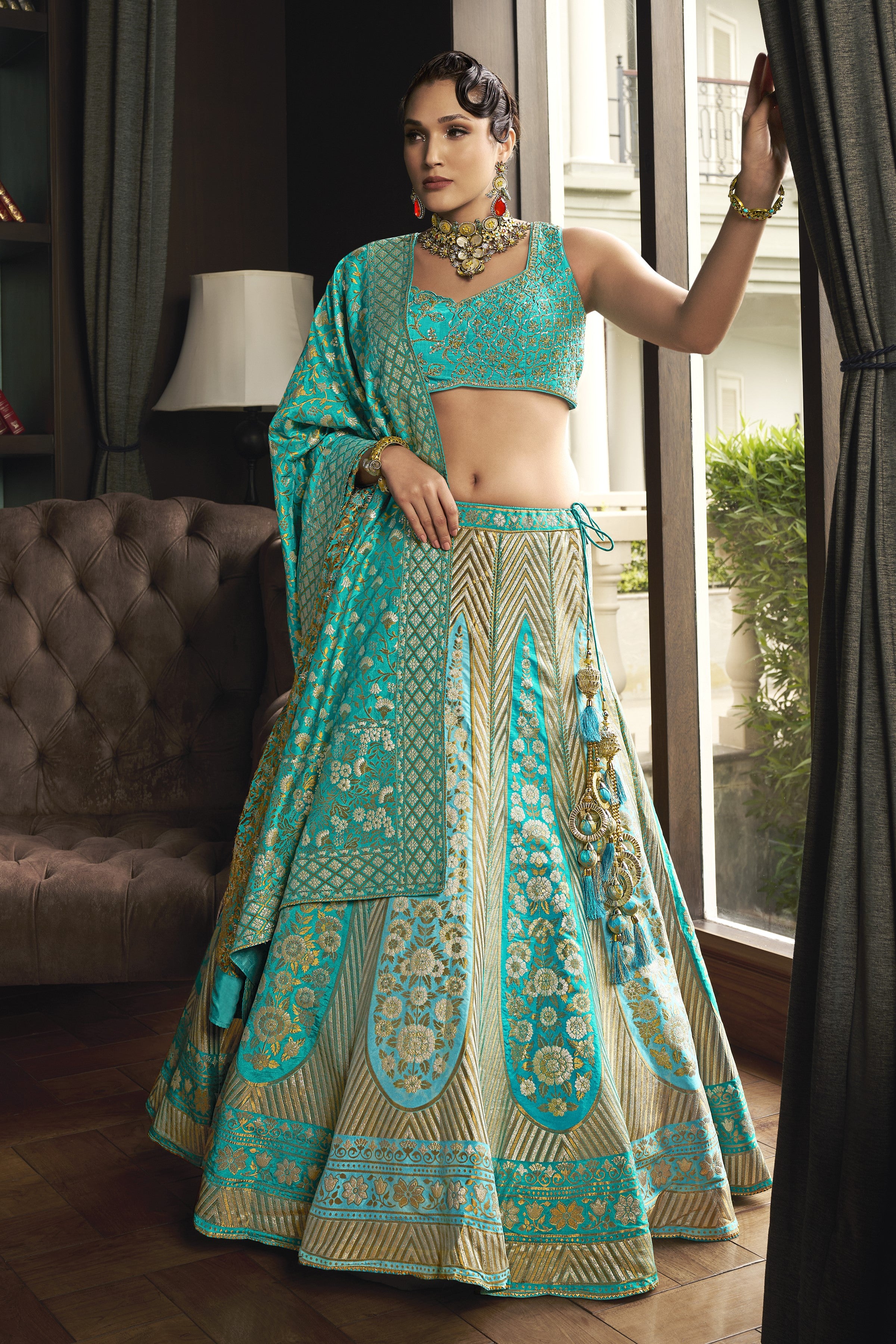 Turquoise Embellished Brocade Silk Lehenga Set