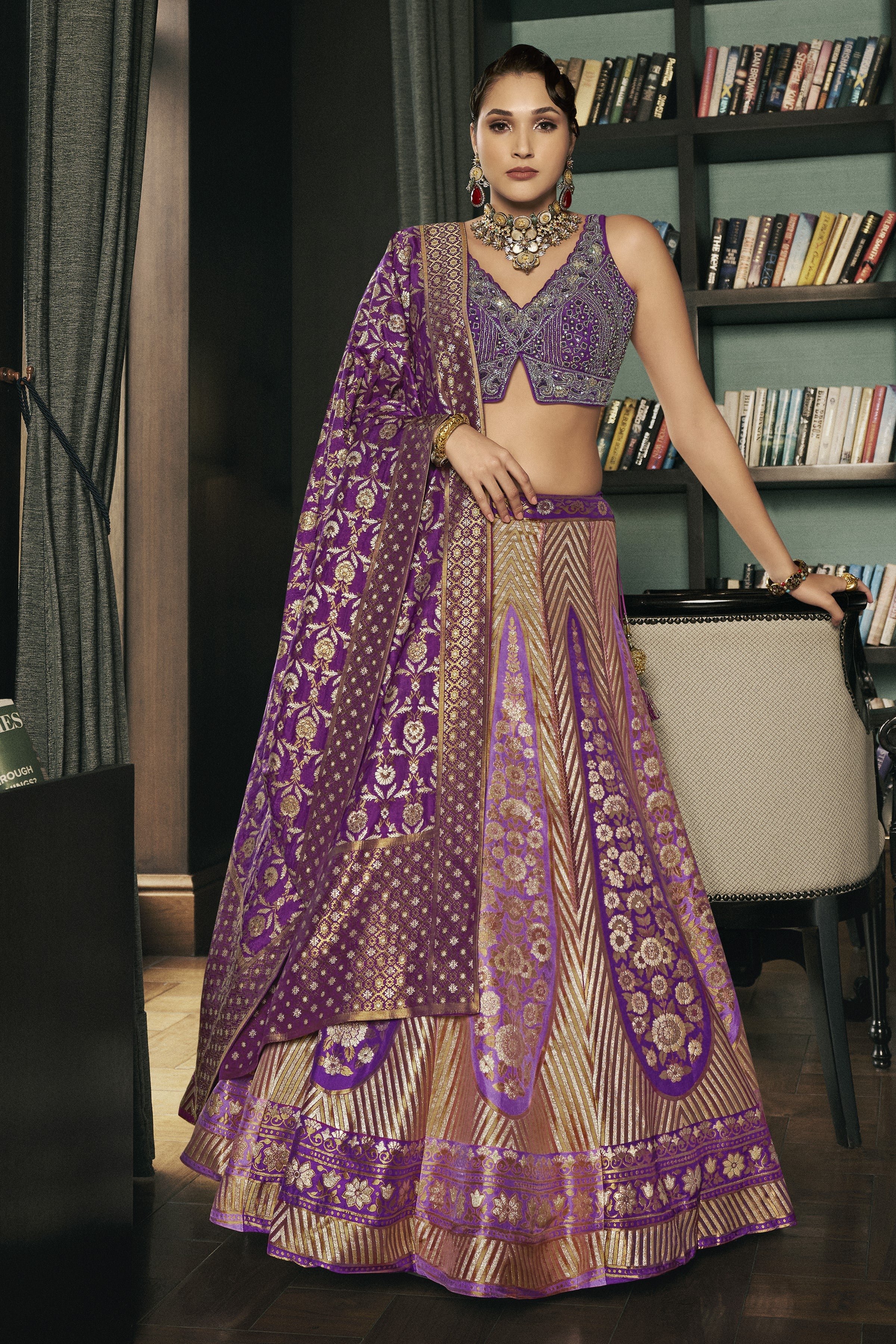 Violet Embellished Brocade Silk Lehenga Set