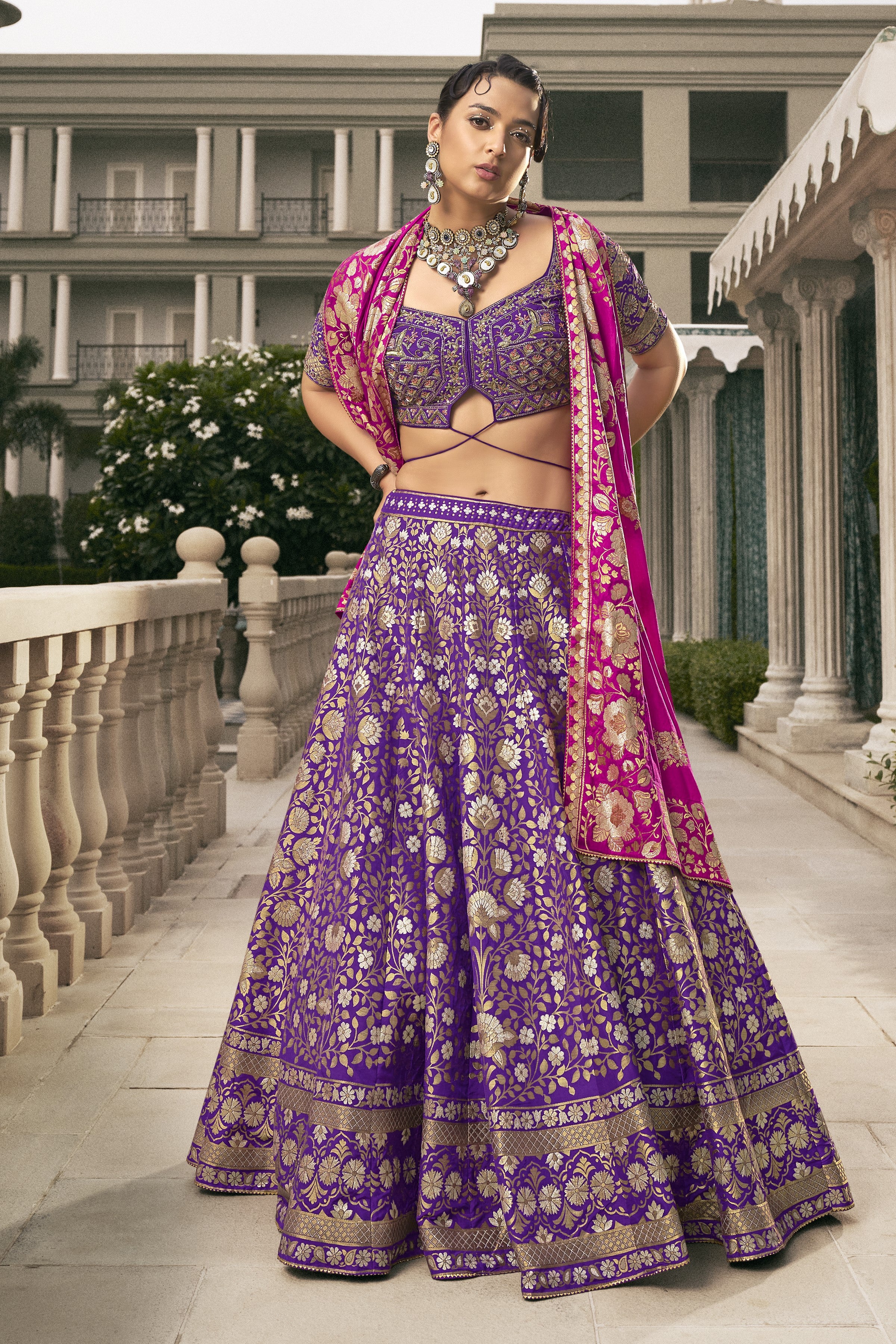 Deep Purple Embellished Brocade Silk Lehenga Set