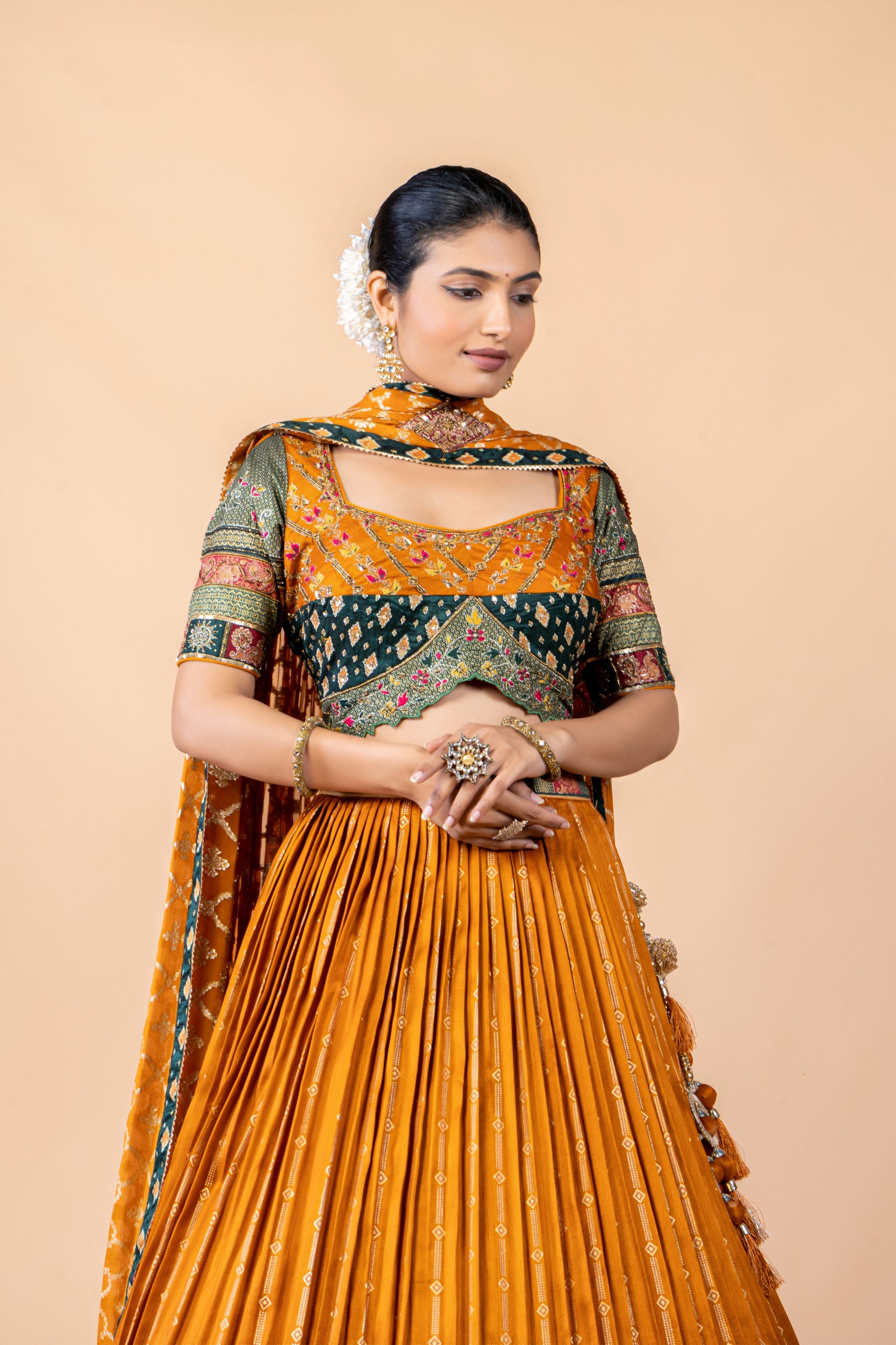 Mustard Embellished Brocade Silk Lehenga Set