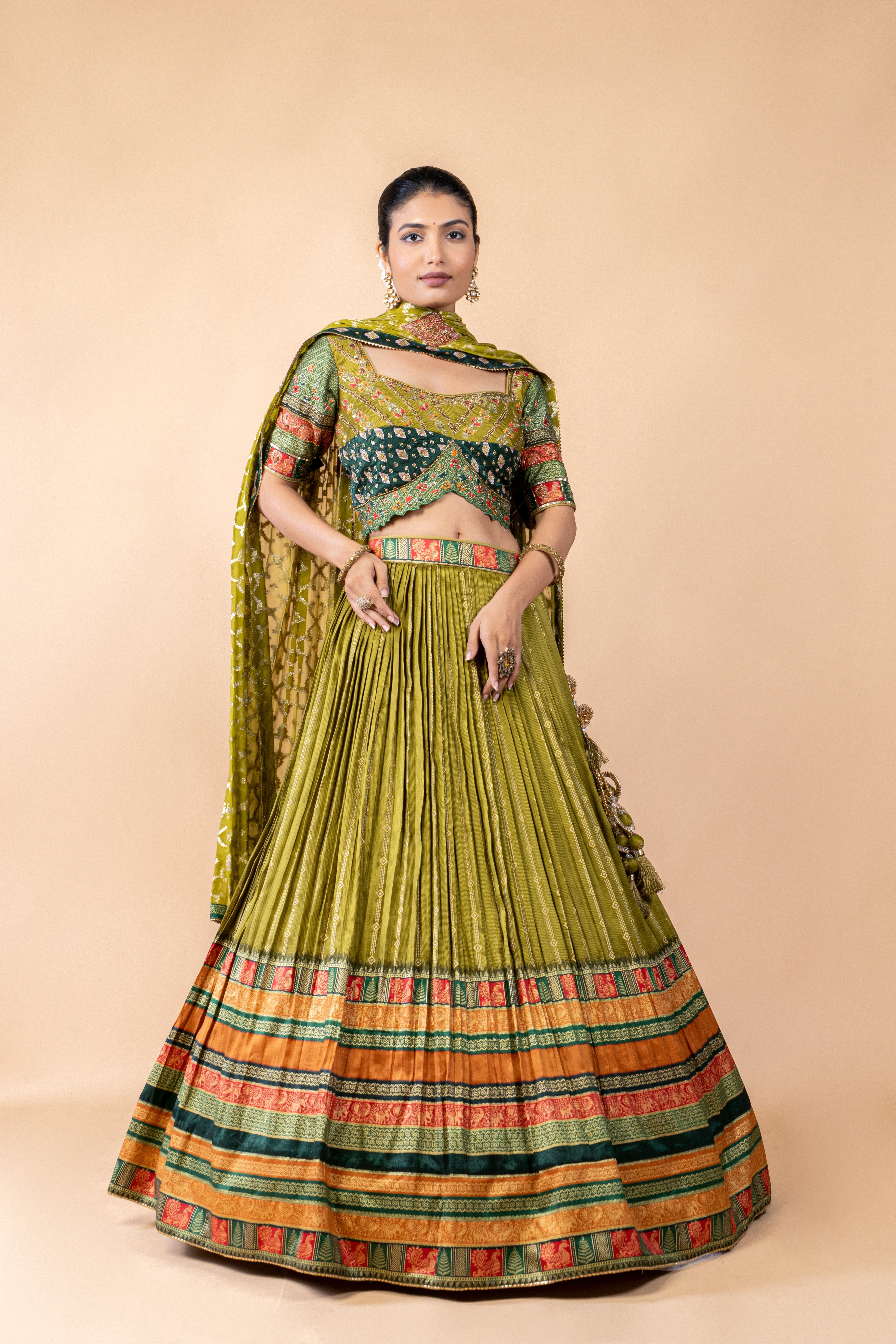 Olive Green Embellished Brocade Silk Lehenga Set
