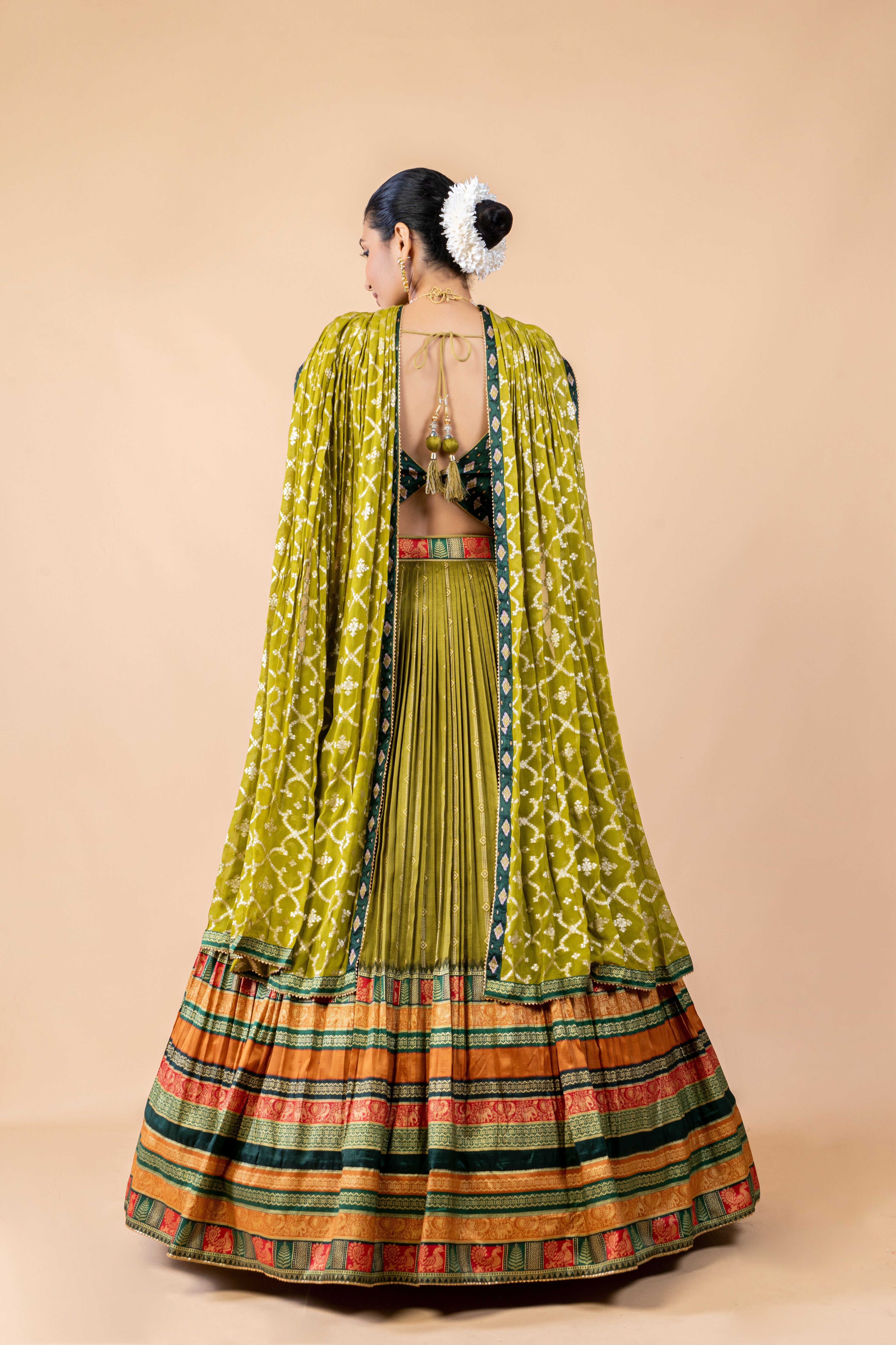 Olive Green Embellished Brocade Silk Lehenga Set