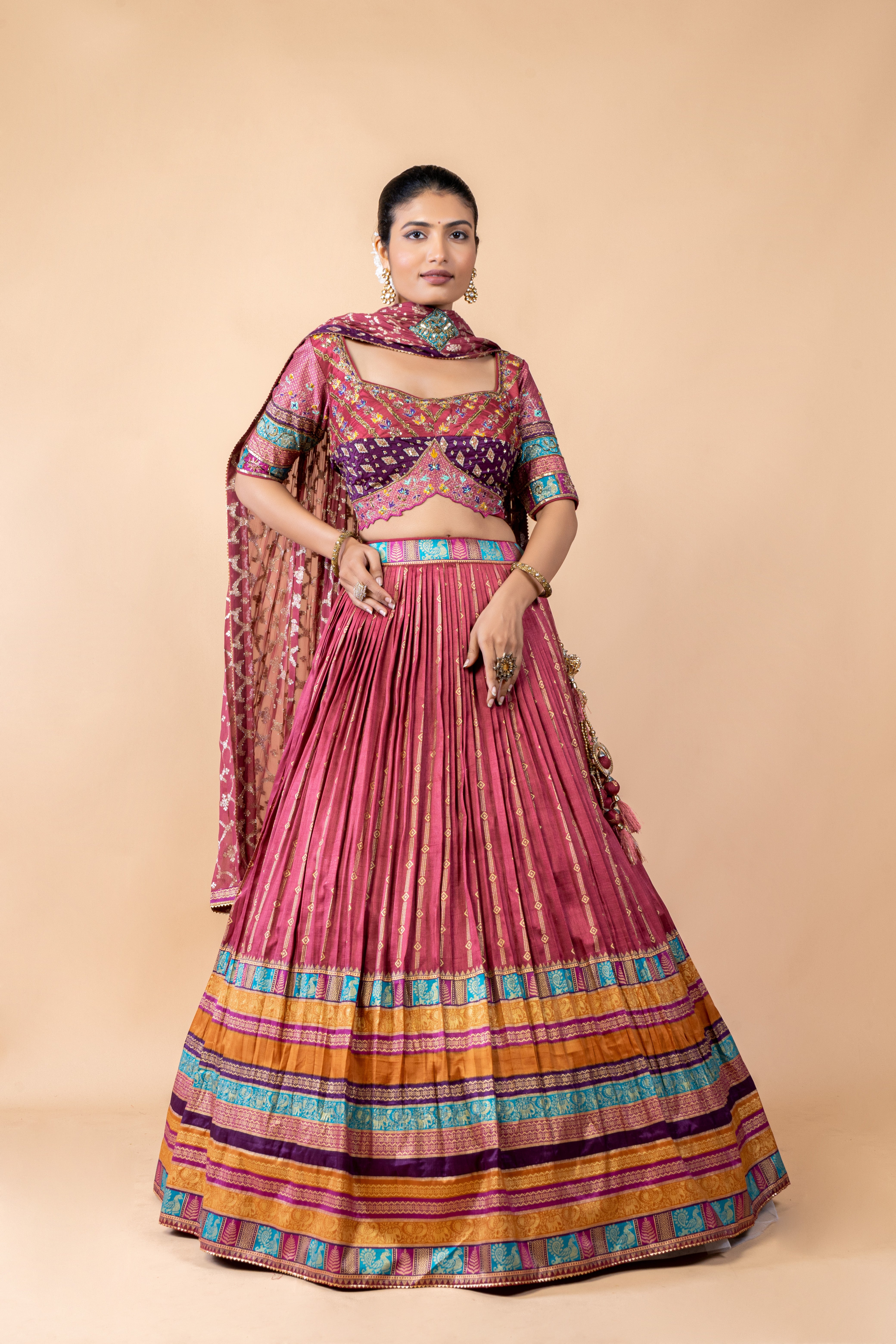 Pink Embellished Brocade Silk Lehenga Set