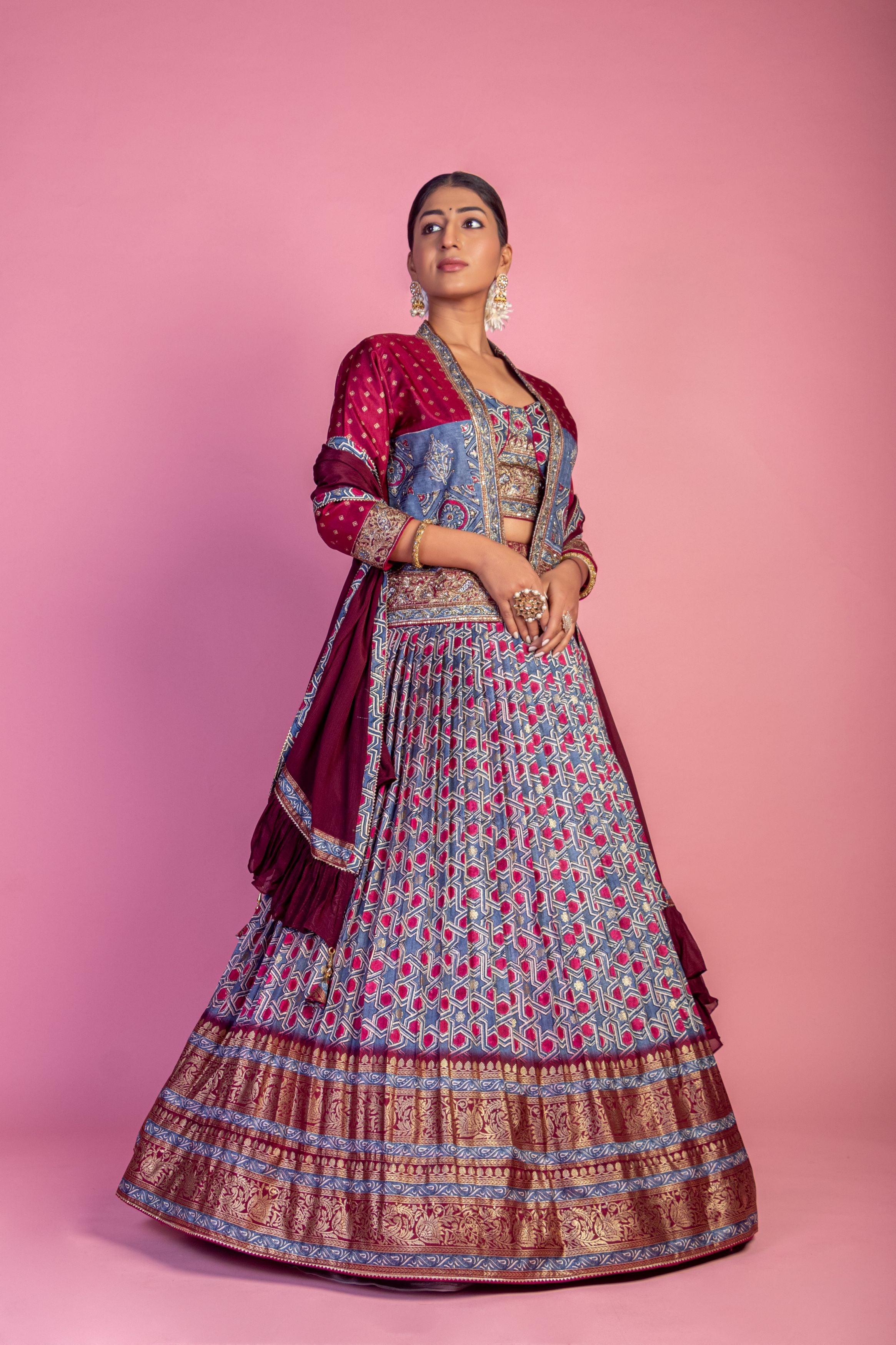 Multi Color Printed Brocade Silk Lehanga Set