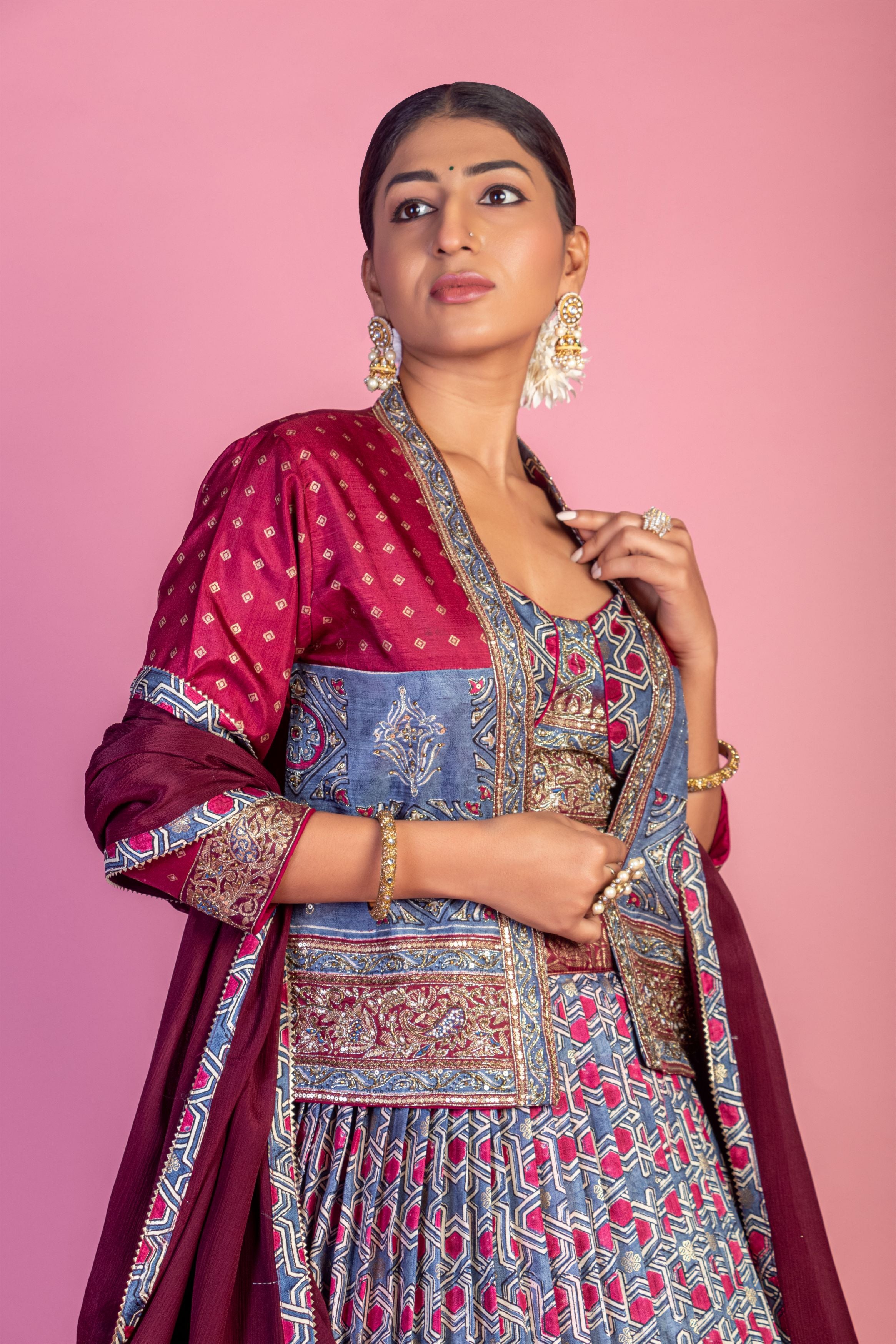 Multi Color Printed Brocade Silk Lehanga Set