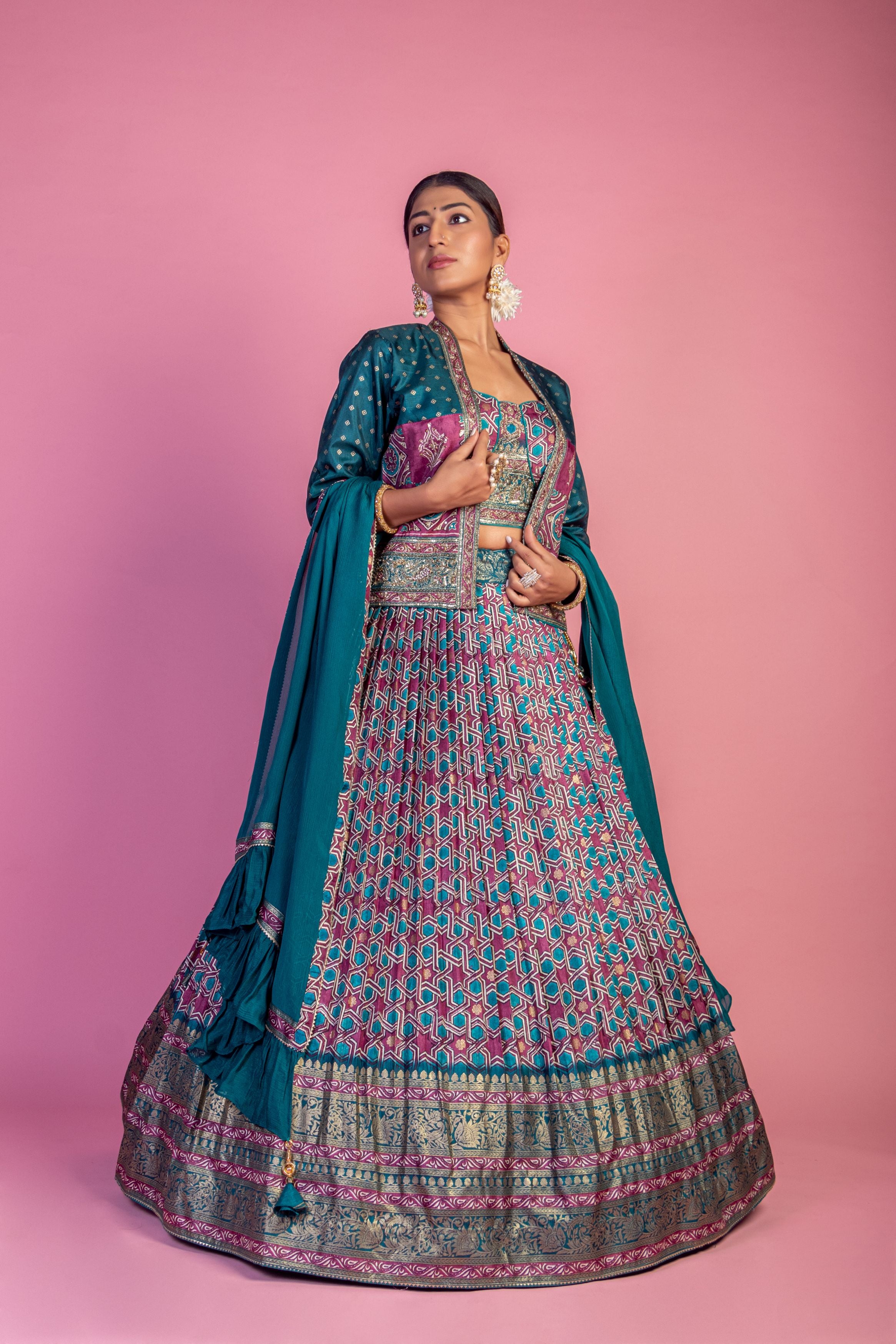 Teal Printed Brocade Silk Lehanga Set