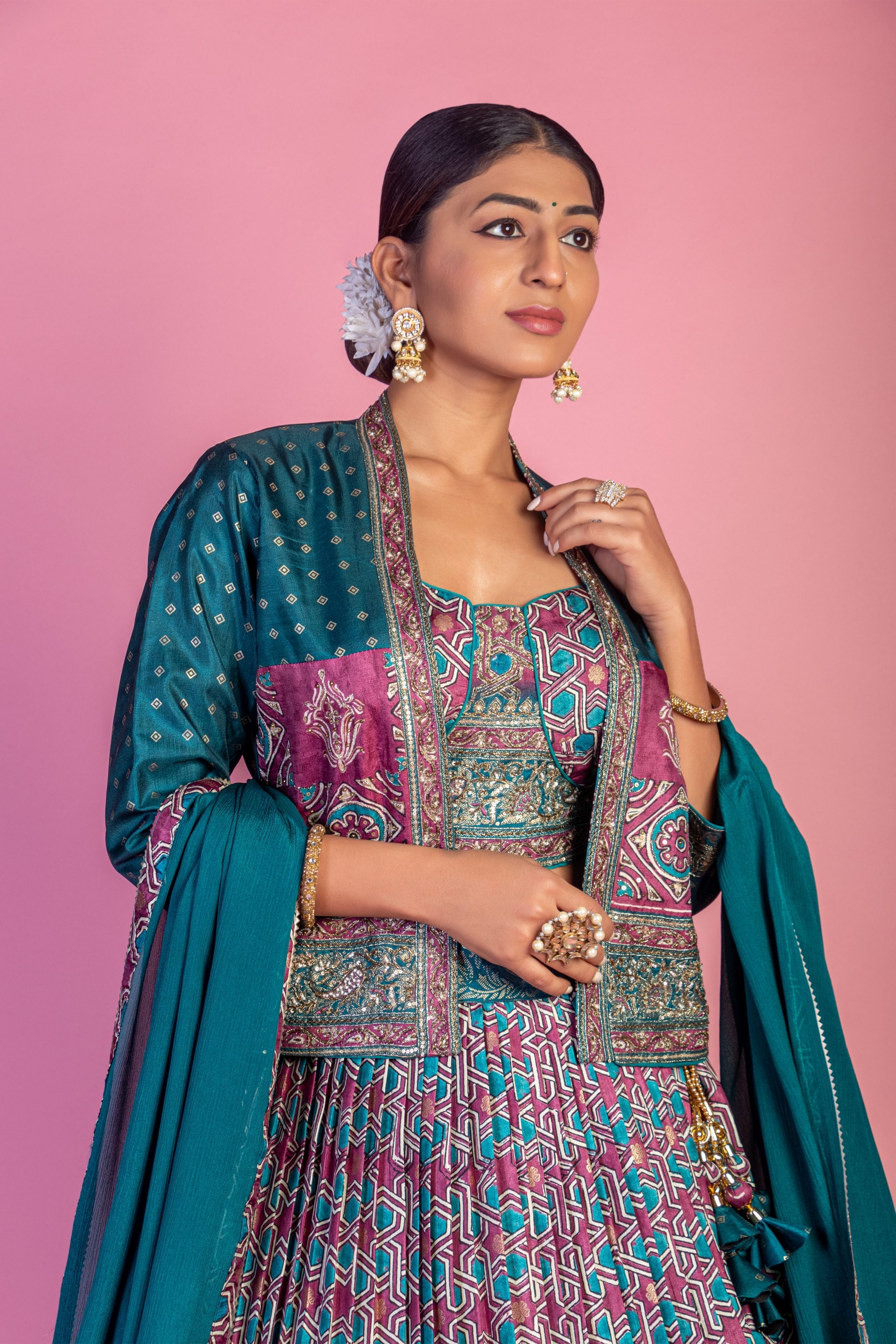 Teal Printed Brocade Silk Lehanga Set