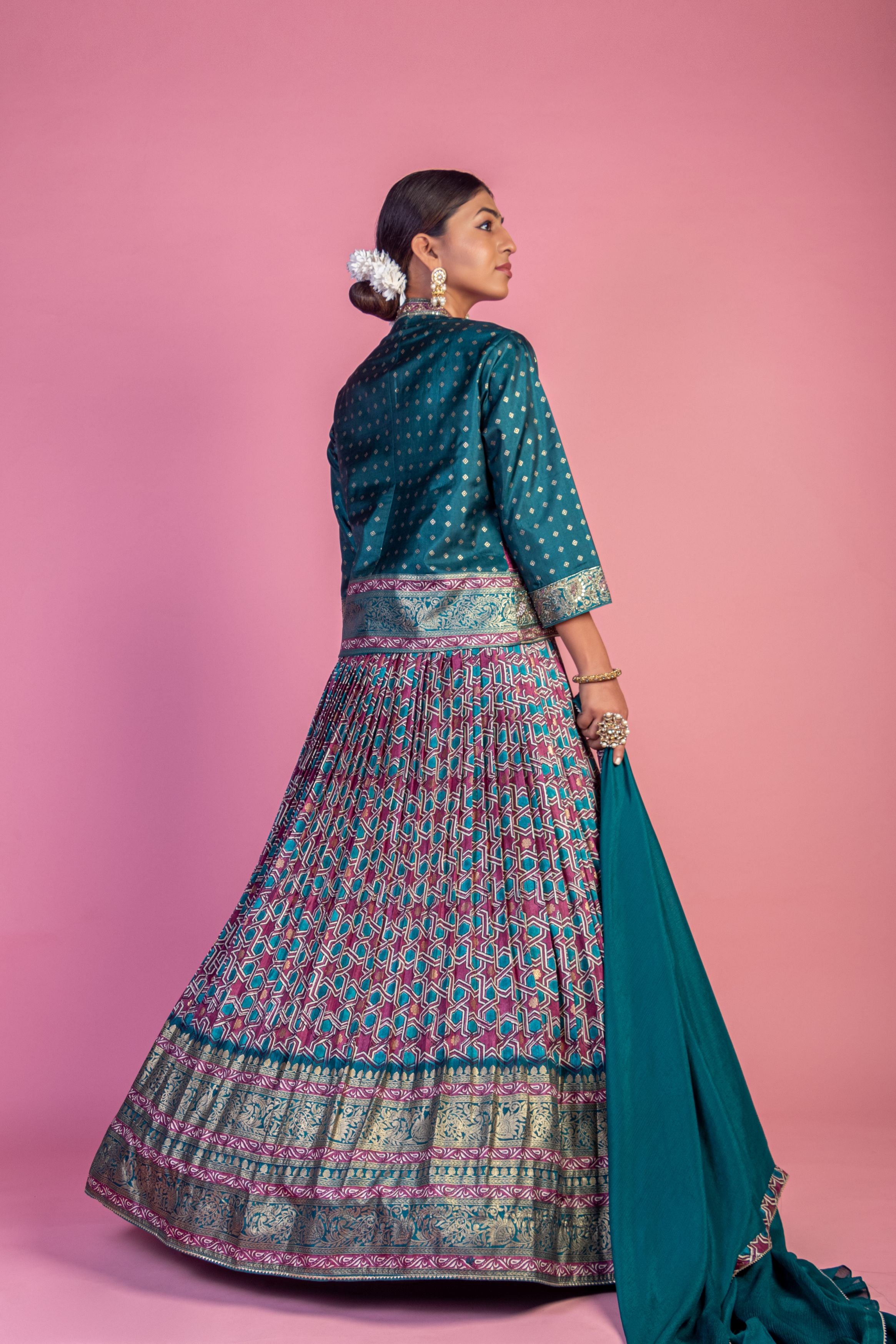 Teal Printed Brocade Silk Lehanga Set