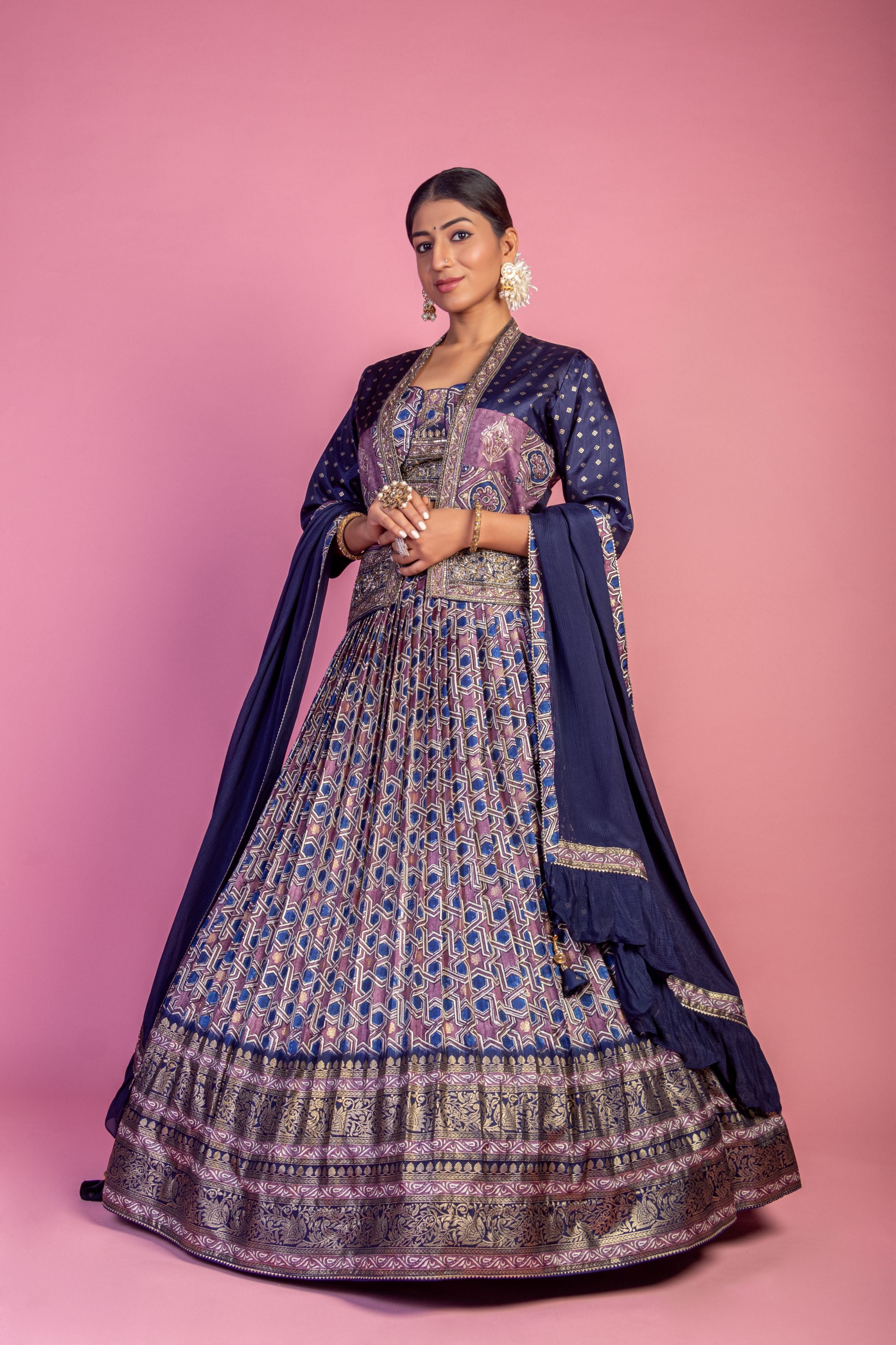 MidNight Purple Embellished Brocade Silk Lehenga Set