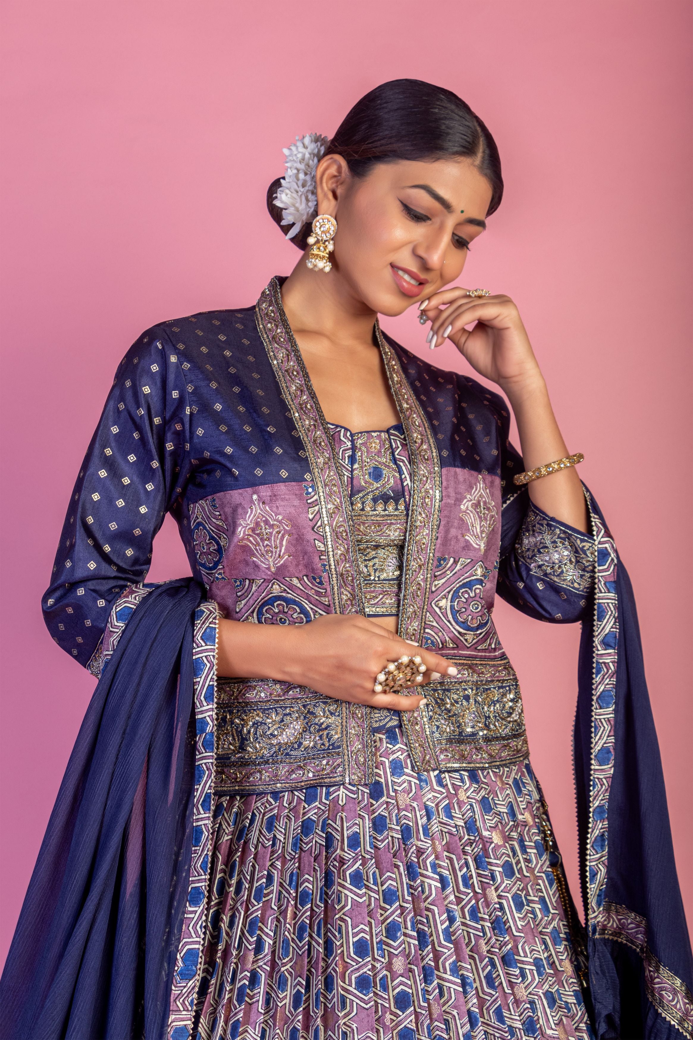 MidNight Purple Embellished Brocade Silk Lehenga Set