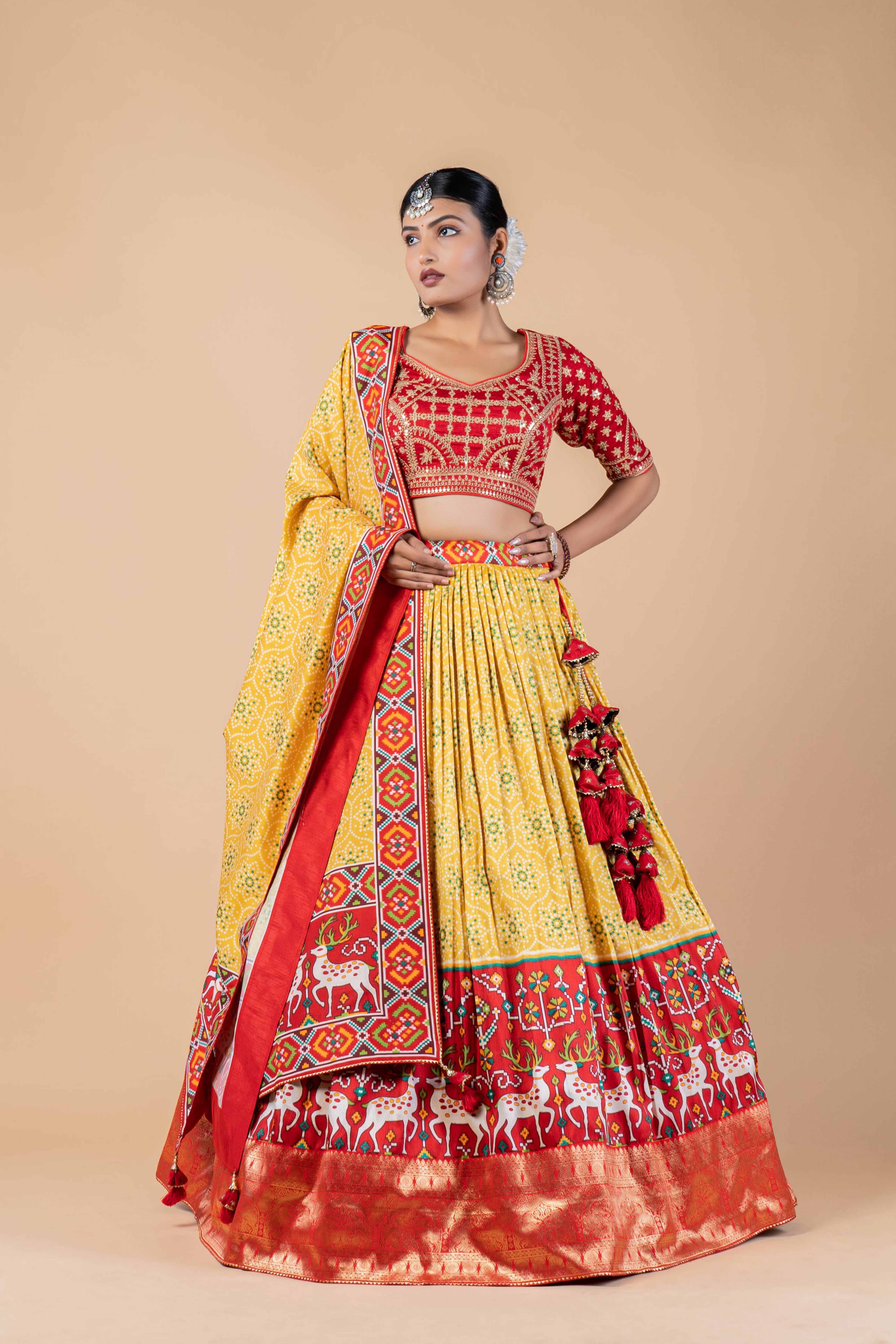Yellow Printed Brocade Silk Lehenga Set