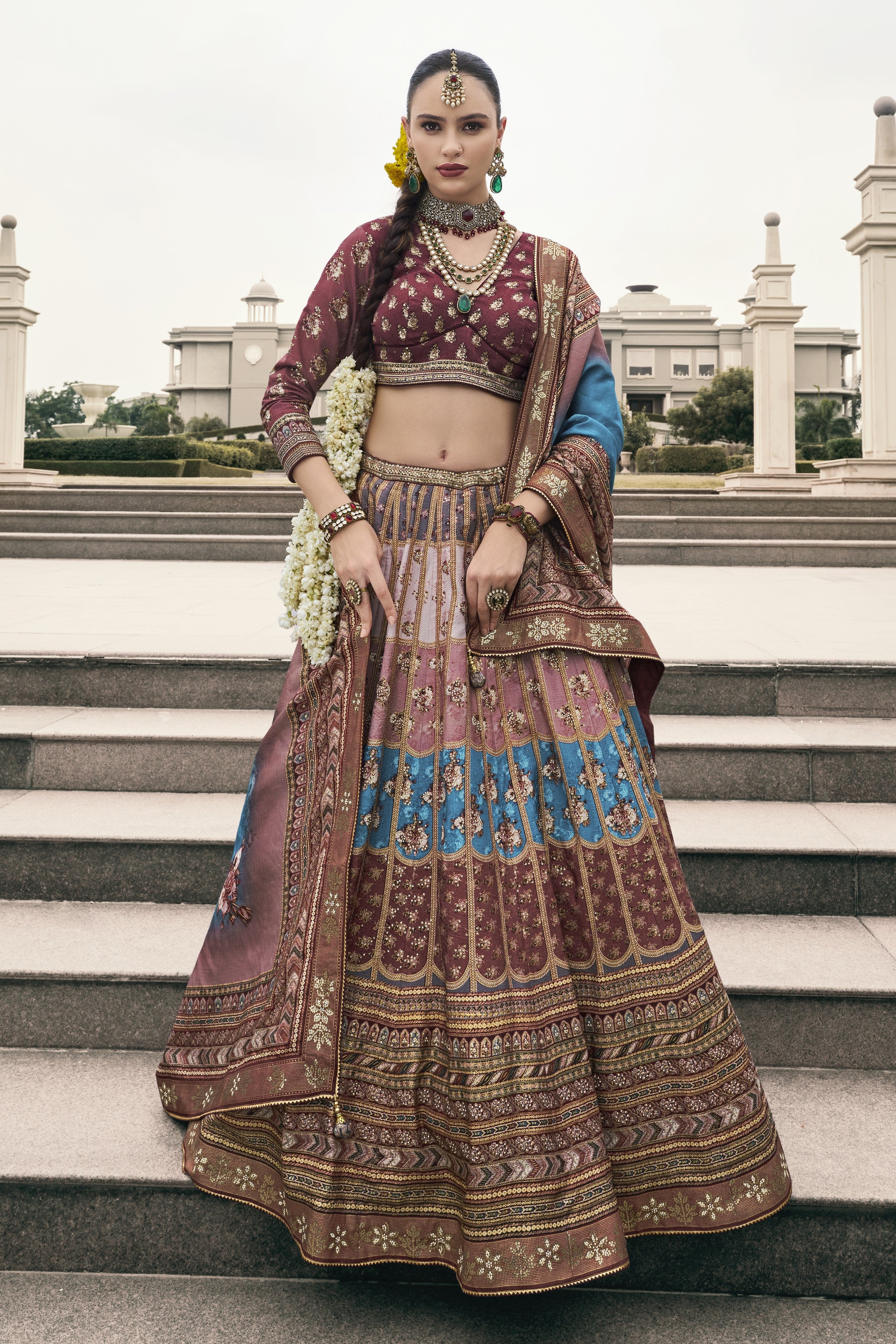 Brown Embellished Premium Silk Lehenga Set