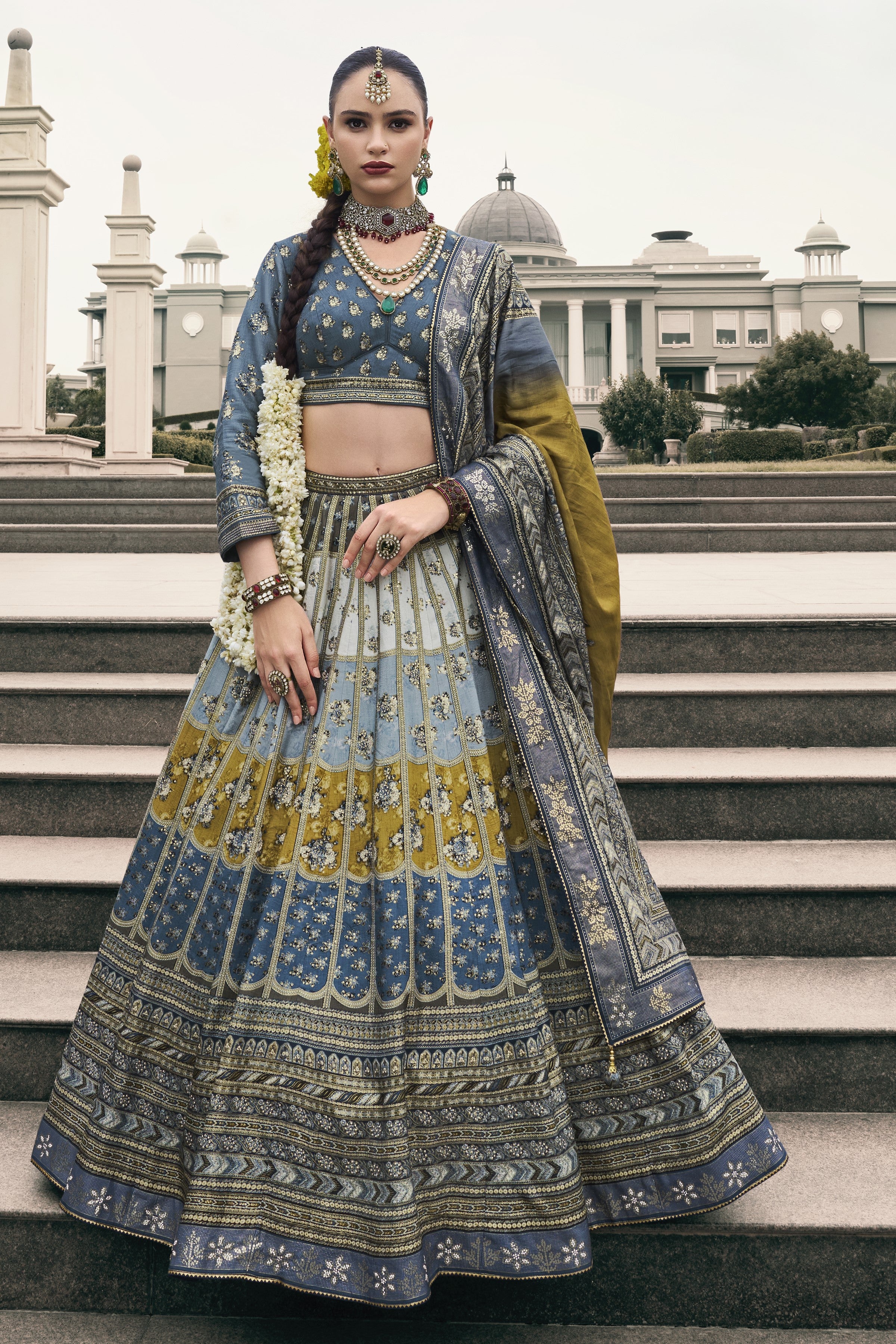 Pastel Blue Embellished Premium Silk Lehenga Set