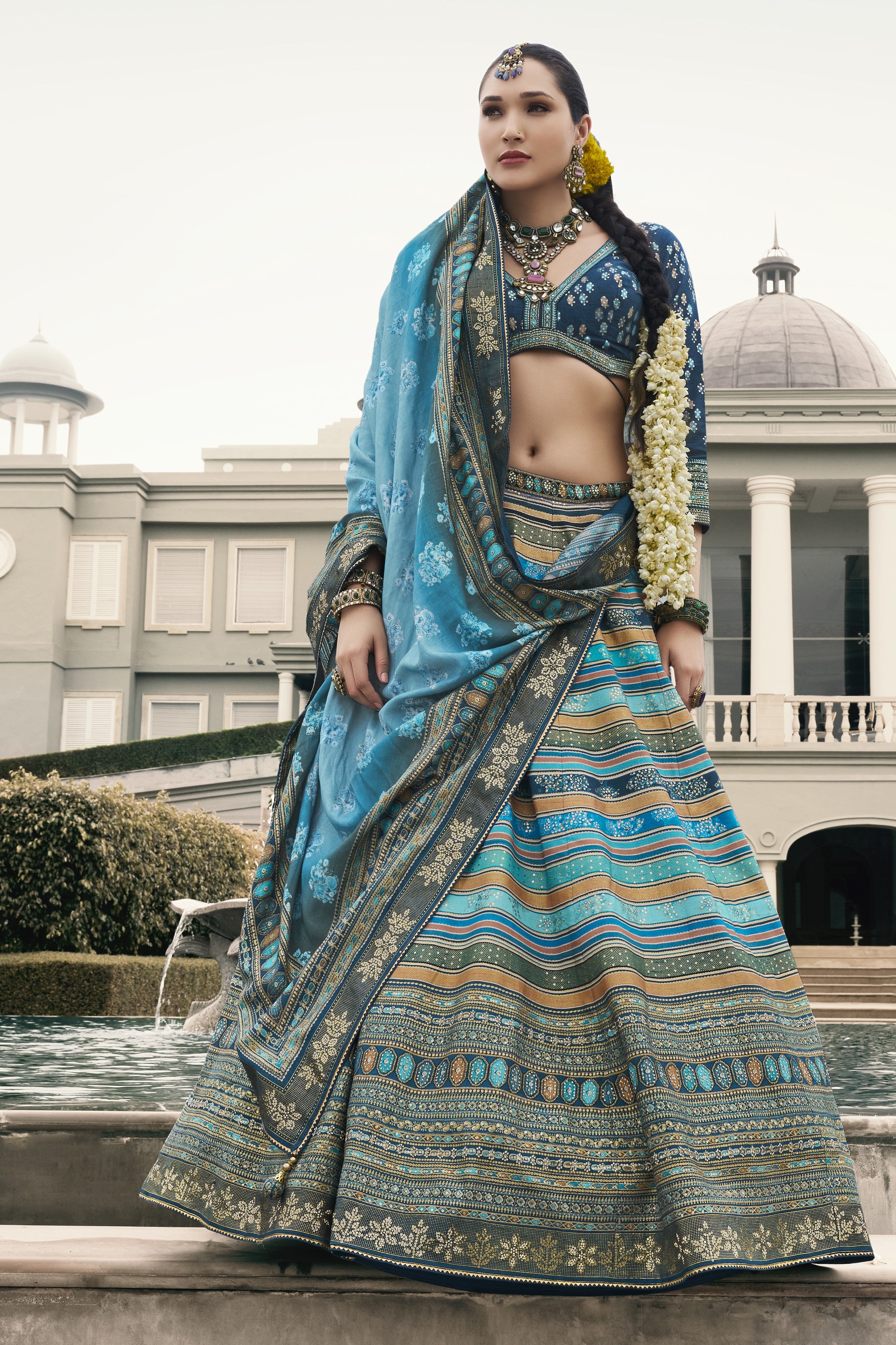 Blue Embellished Premium Silk Lehenga Set