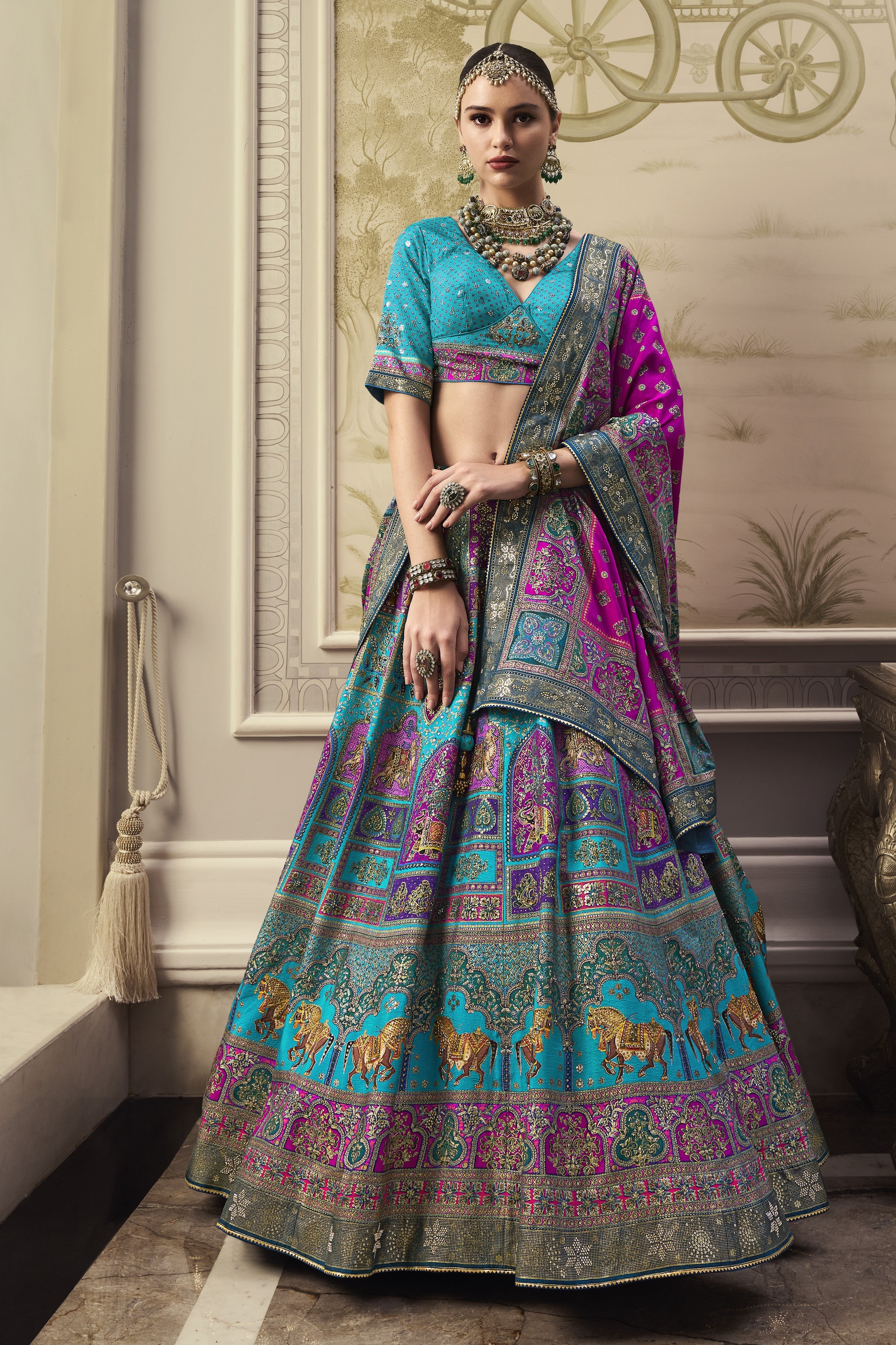 Sea Blue Traditional Handwork Brocade Silk Lehenga Set