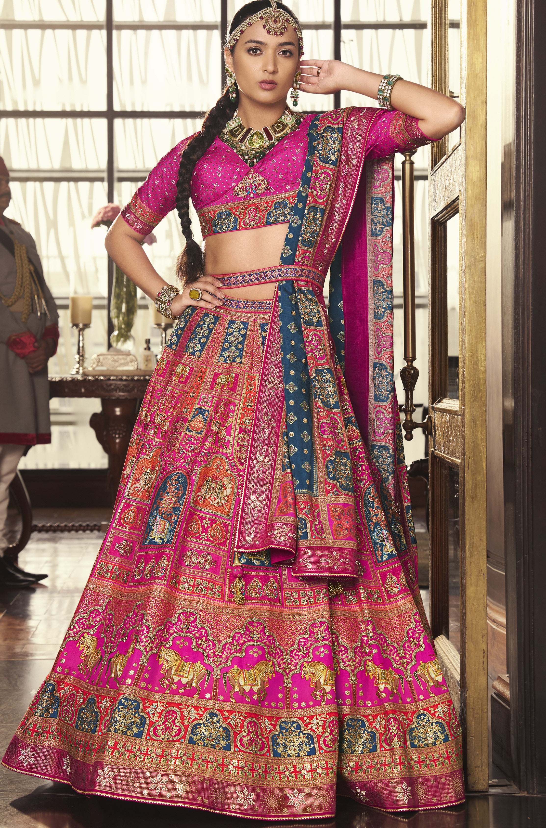 Rani Pink Traditional Handwork Brocade Silk Lehenga Set